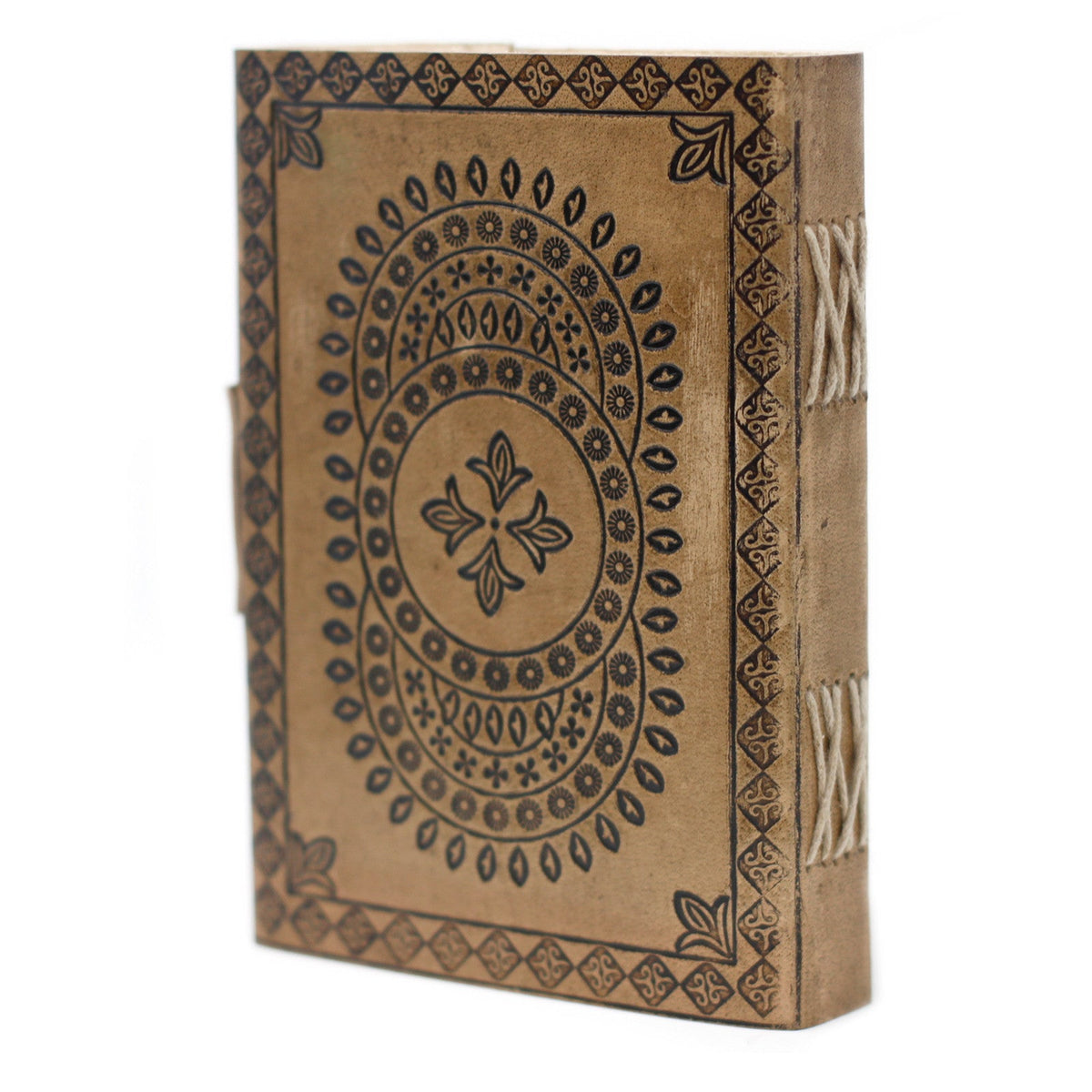 Leather-Bound Notebook - Medium Tan & Blue Mandala, Metal Clasp, angled view with an oval floral pattern and white cross-stitch binding by Quintessential Holistic Health Ltd