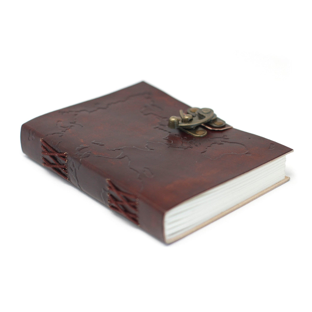 Leather Notebook with Metal Clasp – Medium Brown World Map, closed flat with embossed map outlines, ornate clasp and white pages by Quintessential Holistic Health Ltd