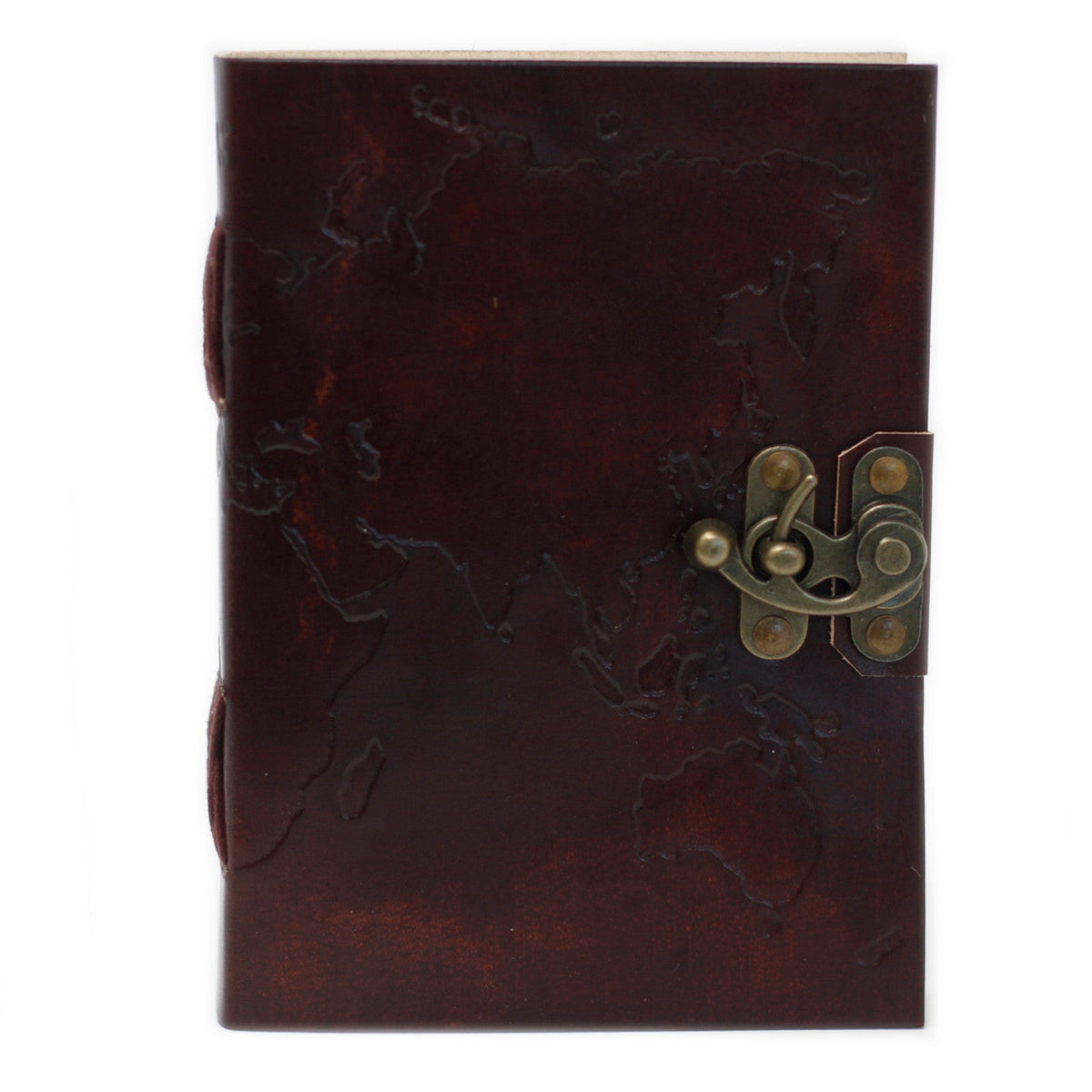 Leather Notebook with Metal Clasp – Medium Brown World Map, front view with embossed map outlines and an ornate metal clasp by Quintessential Holistic Health Ltd