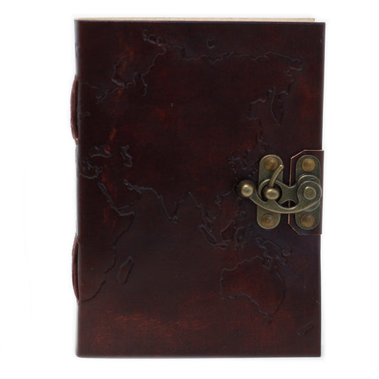 Handmade Leather-Bound Eco-Friendly Notebook with Metal Clasp - Medium - Brown - World Map - main product image from Quintessential Holistic Health Ltd UK