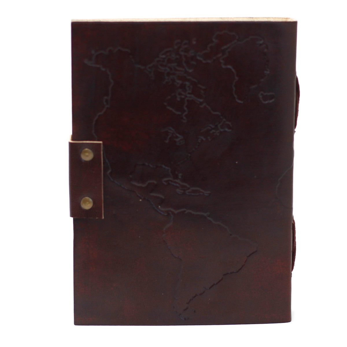 Leather Notebook with Metal Clasp – Medium Brown World Map, back view with embossed map outlines and a riveted side tab by Quintessential Holistic Health Ltd
