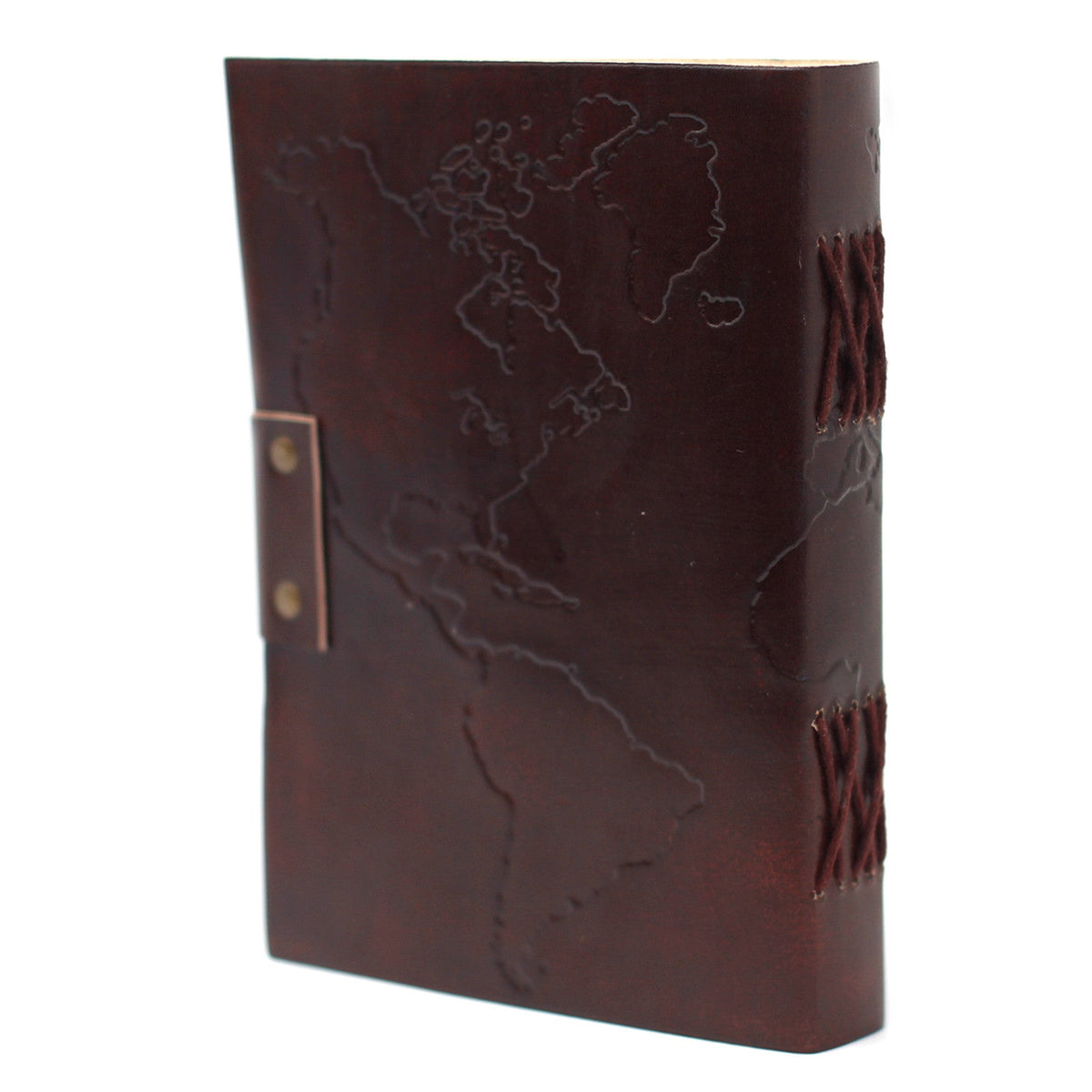 Leather Notebook with Metal Clasp – Medium Brown World Map, angled upright view with embossed map outlines and riveted side tab by Quintessential Holistic Health Ltd