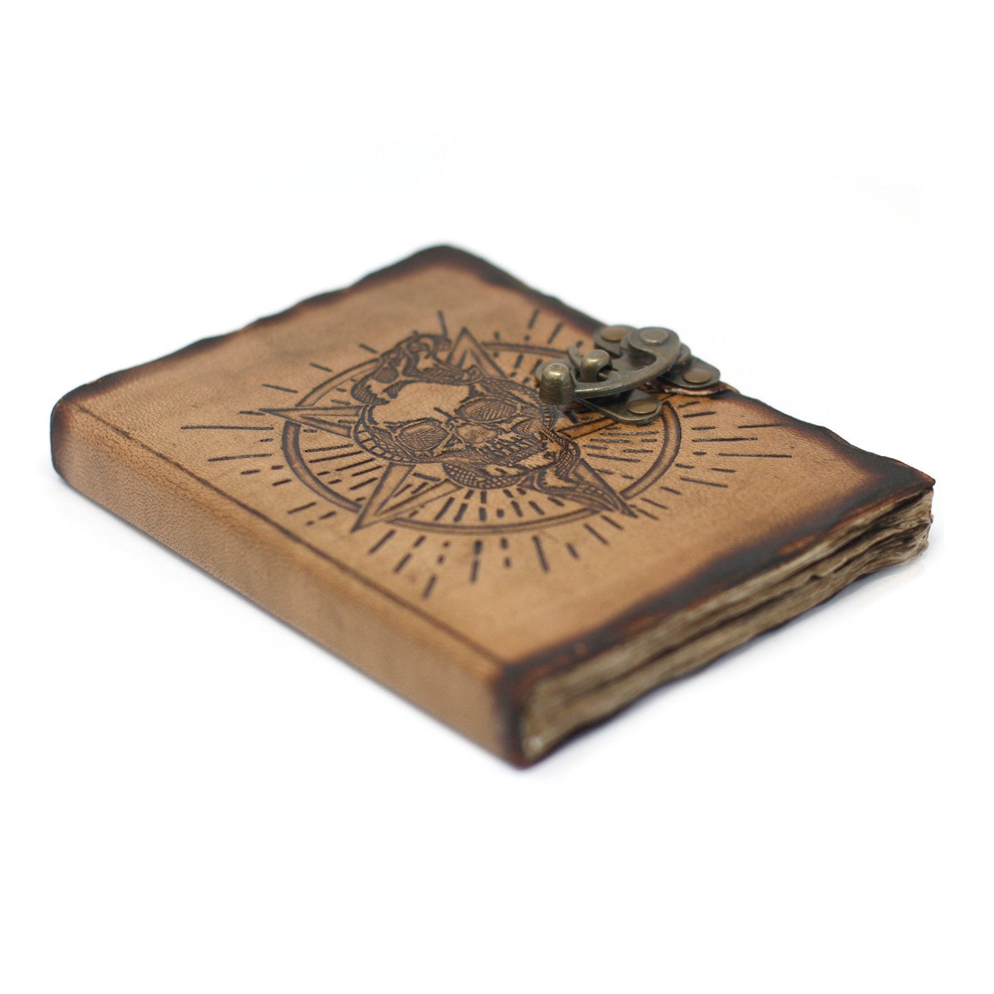 Handmade Leather-Bound Eco-Friendly Notebook with Metal Clasp and Burnt Edges - Medium / Tan / Pentagon and Skull product packaging on clean background from Quintessential Holistic Health Ltd