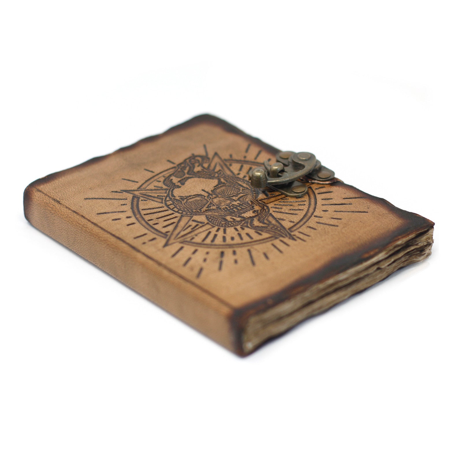 Handmade Leather-Bound Eco-Friendly Notebook with Metal Clasp and Burnt Edges - Medium / Tan / Pentagon and Skull product packaging on clean background from Quintessential Holistic Health Ltd