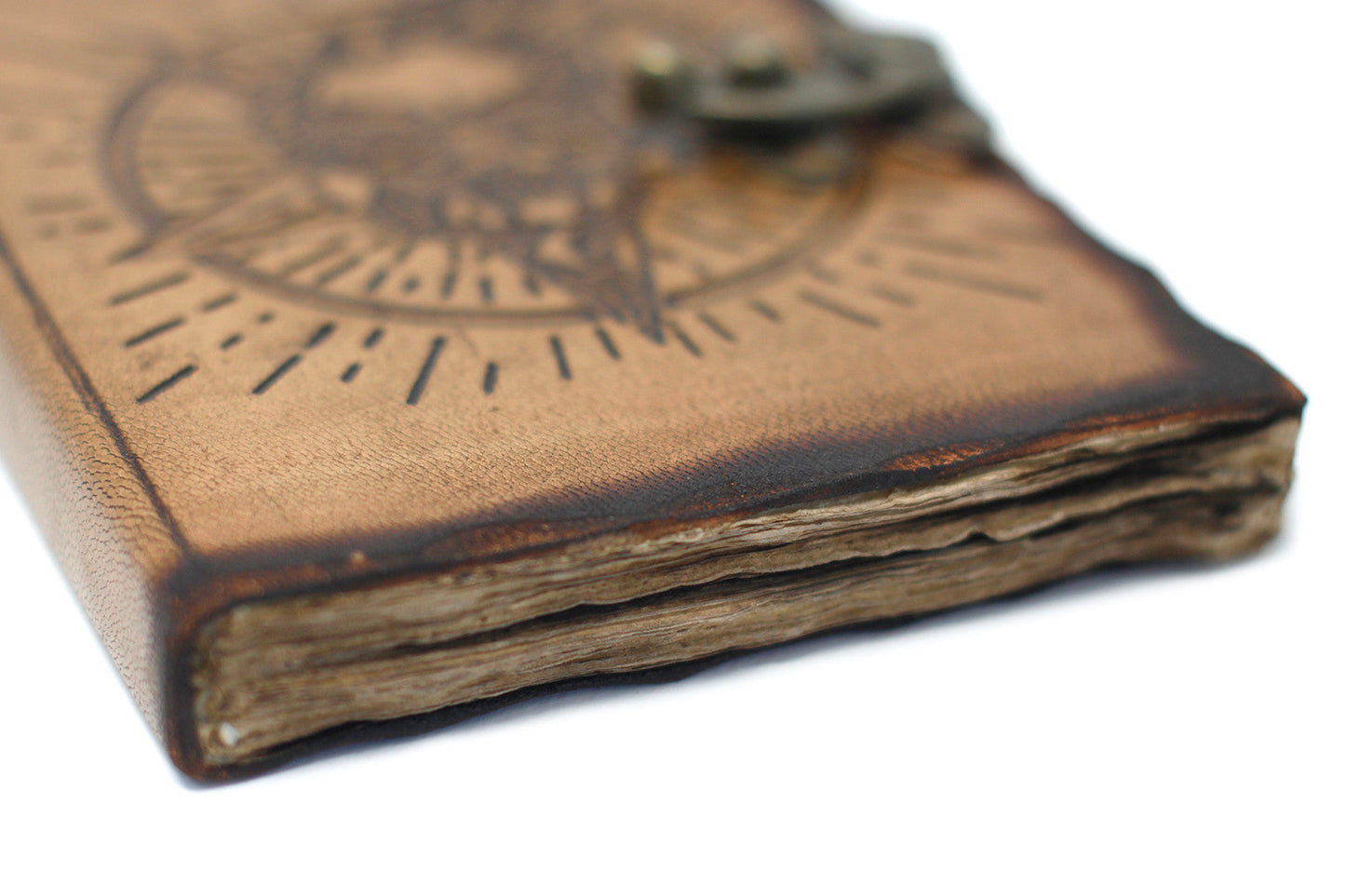 Handmade Leather-Bound Eco-Friendly Notebook with Metal Clasp and Burnt Edges - Medium / Tan / Pentagon and Skull product packaging on clean background from Quintessential Holistic Health Ltd