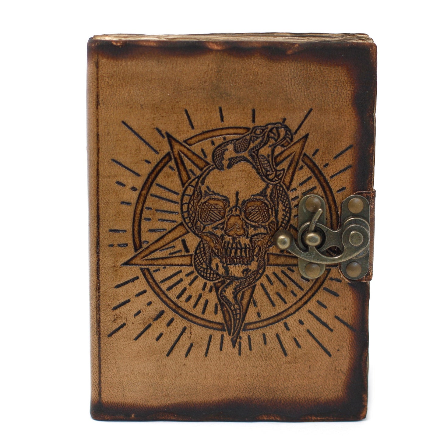 Handmade Leather-Bound Eco-Friendly Notebook with Metal Clasp and Burnt Edges - Medium / Tan / Pentagon and Skull product packaging on clean background from Quintessential Holistic Health Ltd