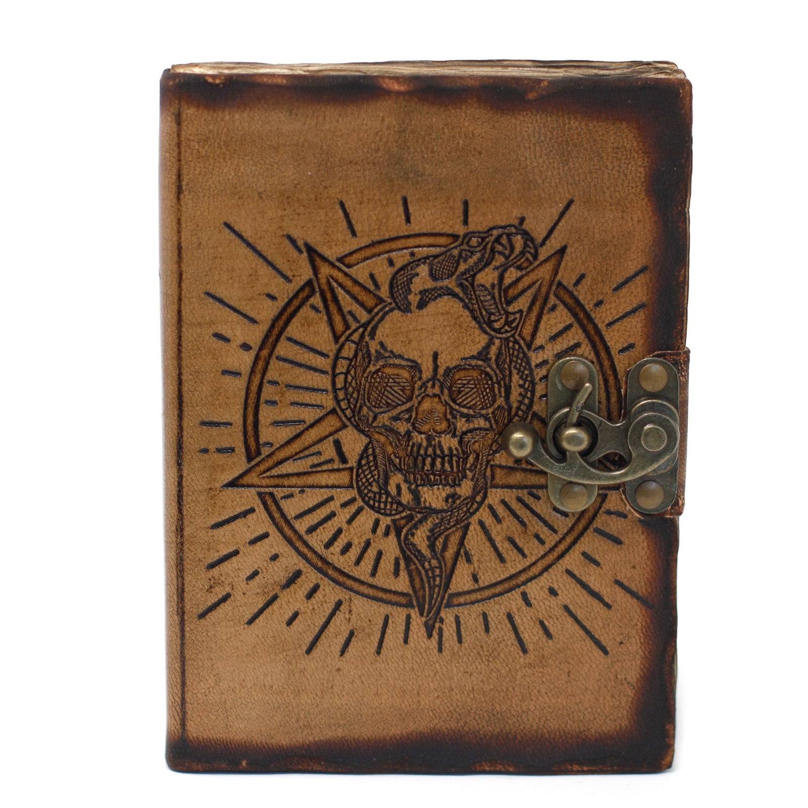 Handmade Leather-Bound Eco-Friendly Notebook with Metal Clasp and Burnt Edges - Medium / Tan / Pentagon and Skull product packaging on clean background from Quintessential Holistic Health Ltd
