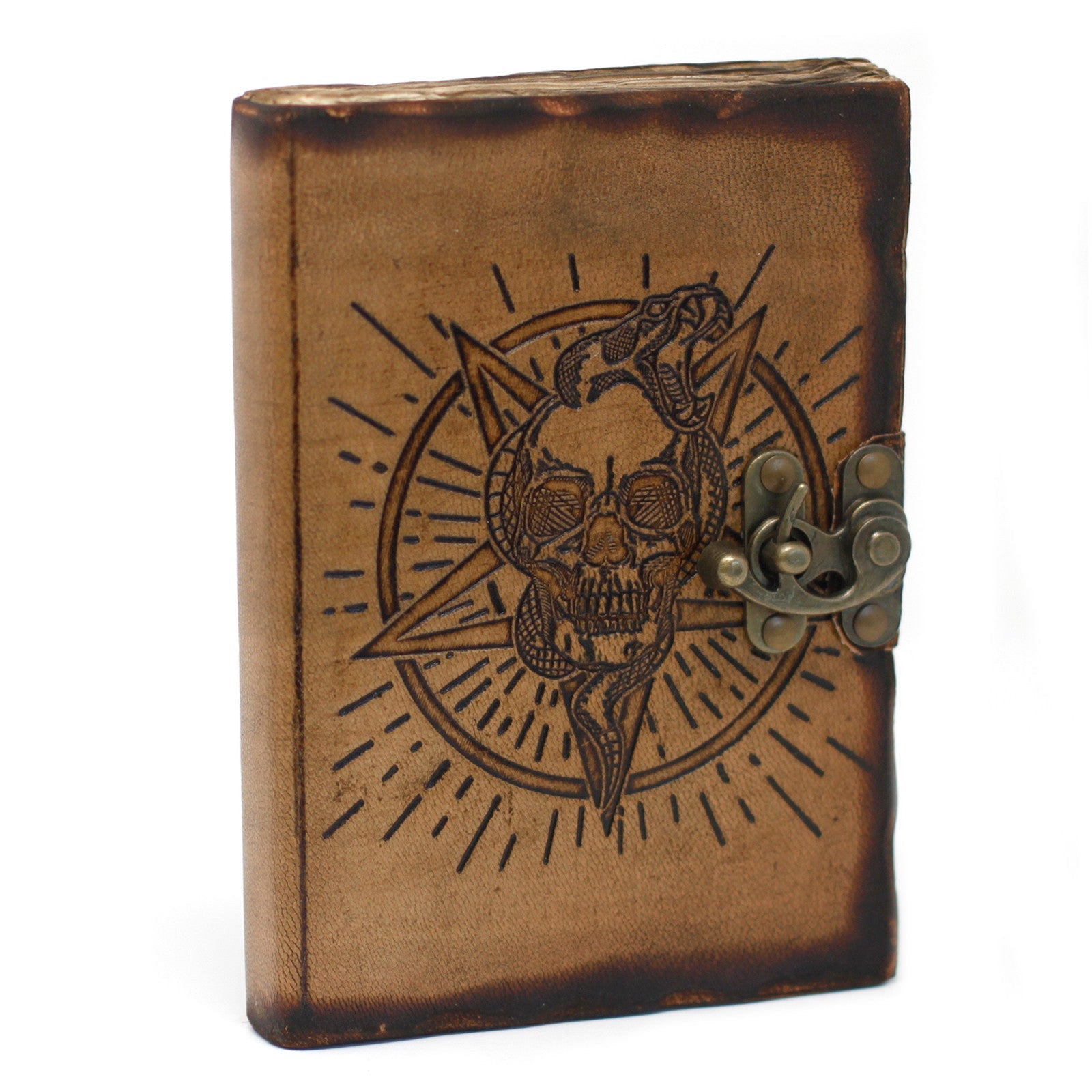 Handmade Leather-Bound Eco-Friendly Notebook with Metal Clasp and Burnt Edges - Medium / Tan / Pentagon and Skull product packaging on clean background from Quintessential Holistic Health Ltd