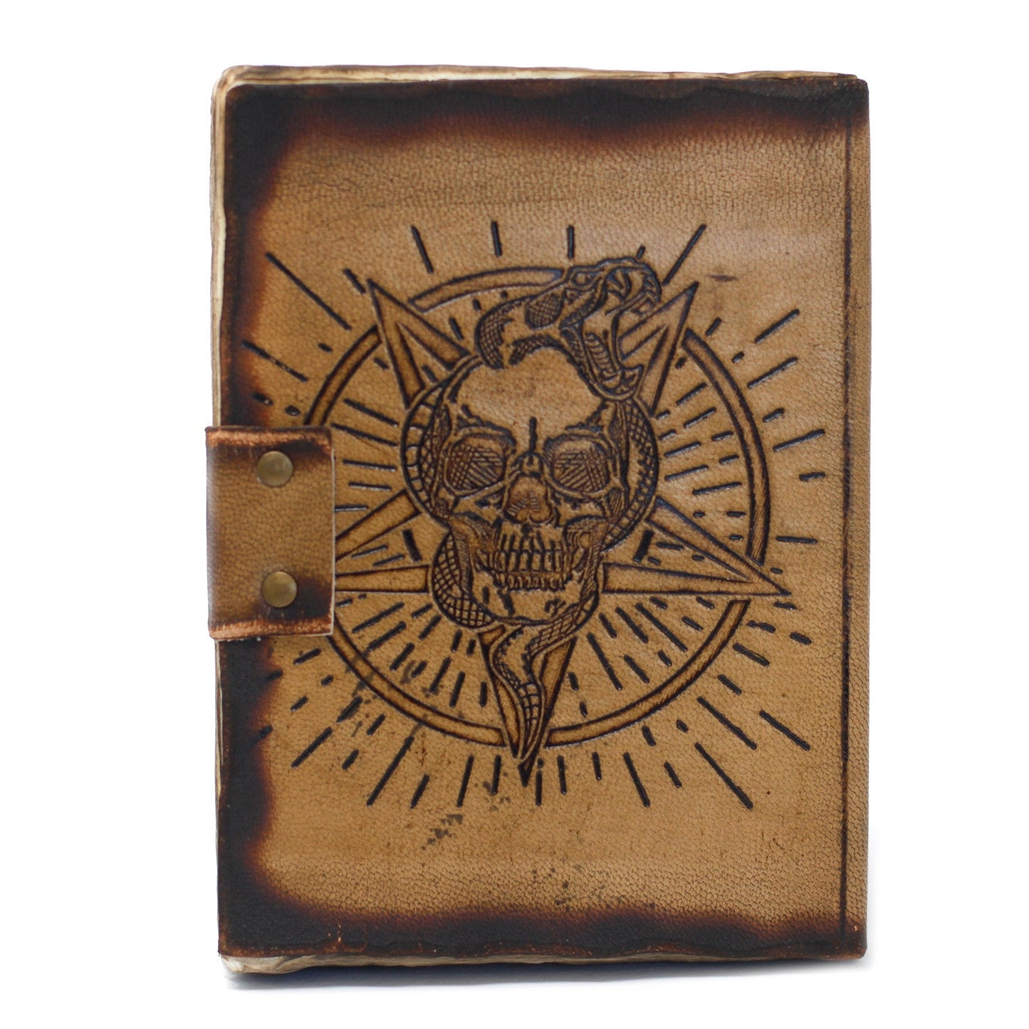 Handmade Leather-Bound Eco-Friendly Notebook with Metal Clasp and Burnt Edges - Medium / Tan / Pentagon and Skull product packaging on clean background from Quintessential Holistic Health Ltd
