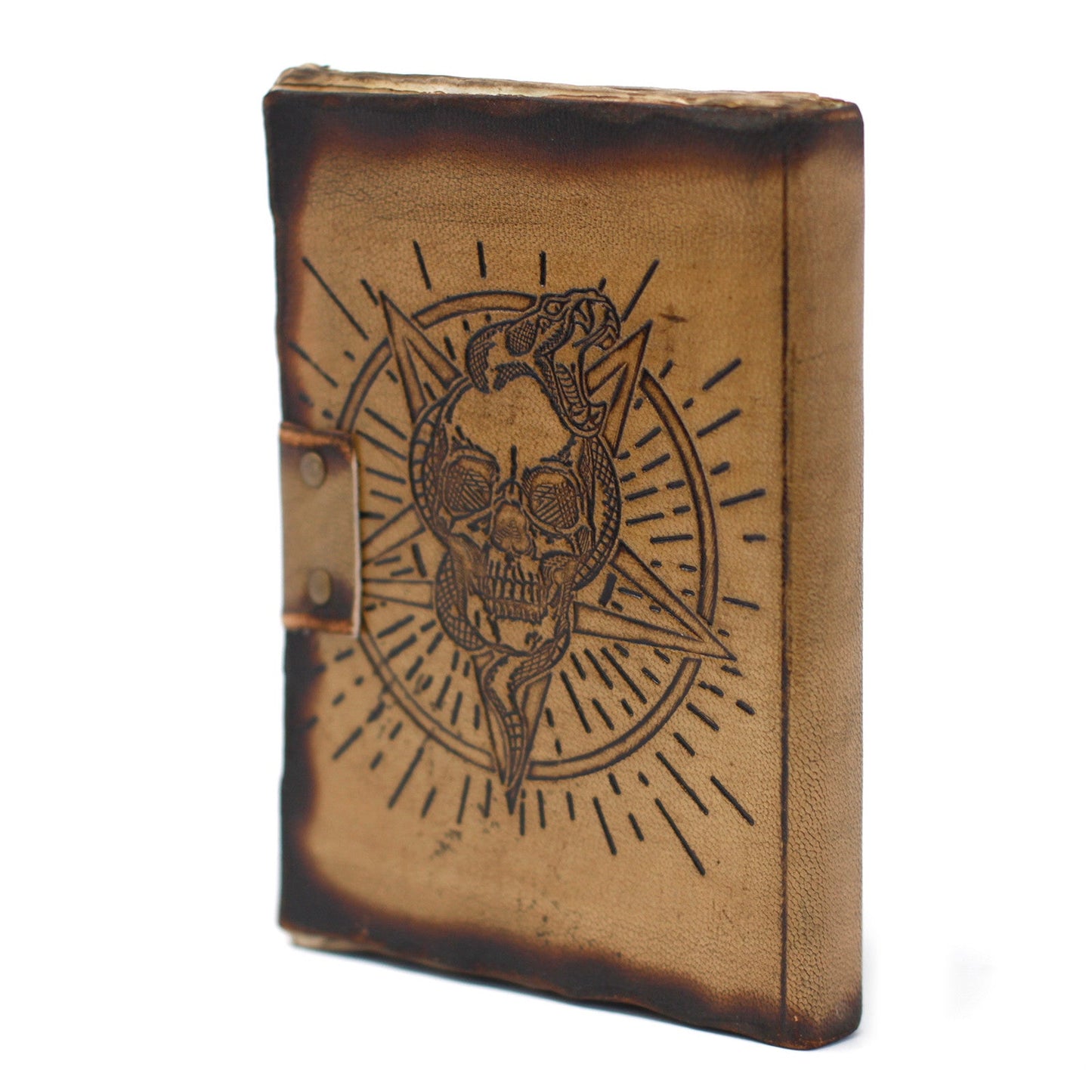 Handmade Leather-Bound Eco-Friendly Notebook with Metal Clasp and Burnt Edges - Medium / Tan / Pentagon and Skull product packaging on clean background from Quintessential Holistic Health Ltd