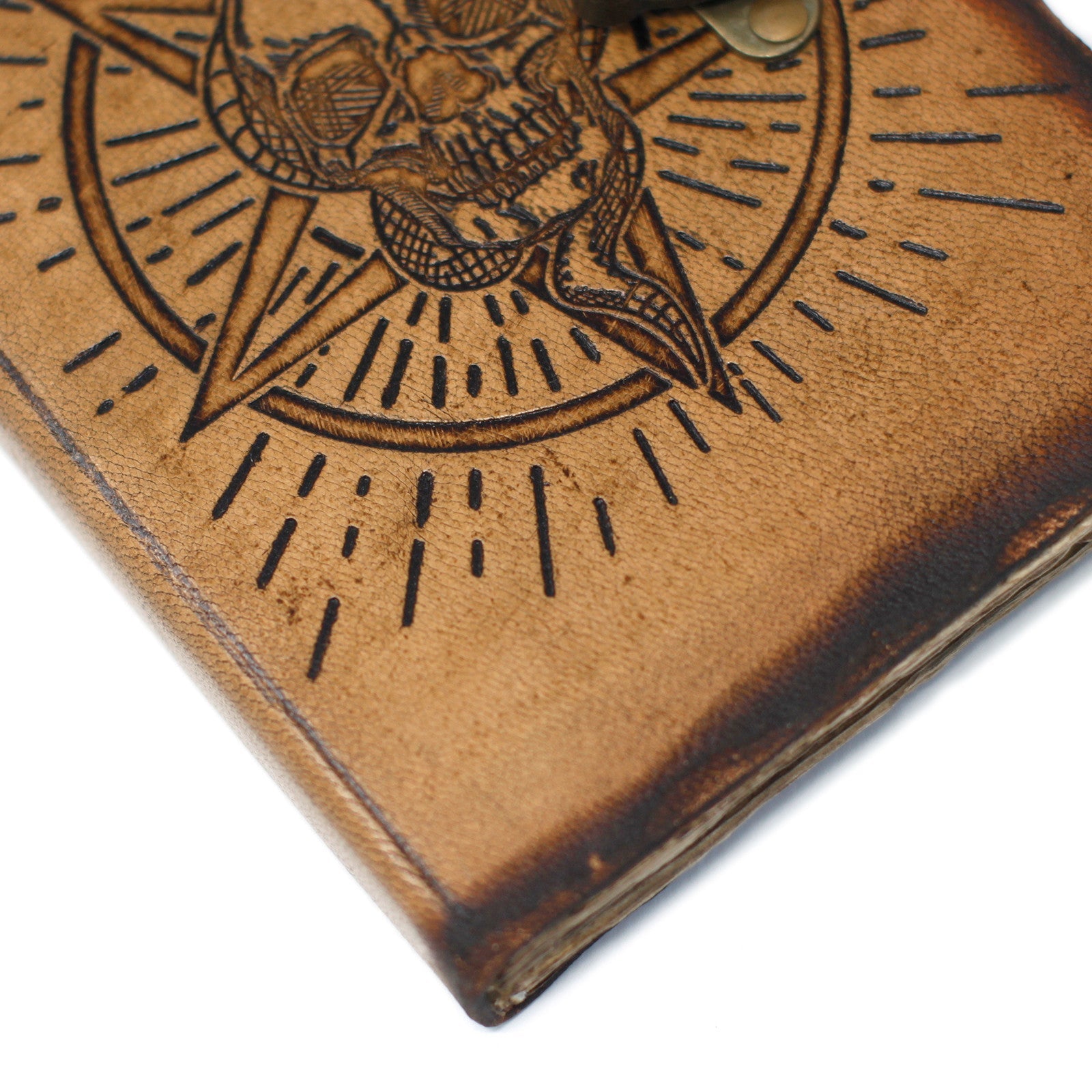 Handmade Leather-Bound Eco-Friendly Notebook with Metal Clasp and Burnt Edges - Medium / Tan / Pentagon and Skull product packaging on clean background from Quintessential Holistic Health Ltd