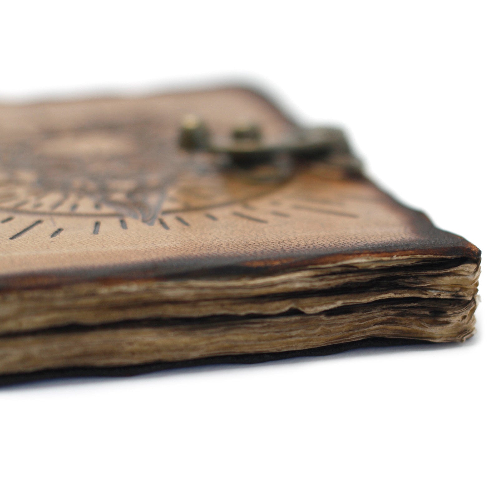 Handmade Leather-Bound Eco-Friendly Notebook with Metal Clasp and Burnt Edges - Medium / Tan / Pentagon and Skull product packaging on clean background from Quintessential Holistic Health Ltd