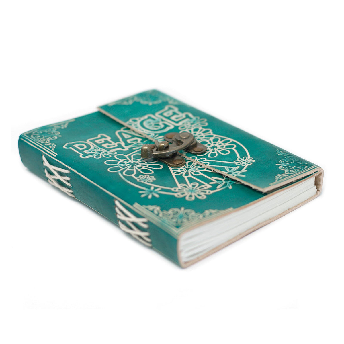 Leather-Bound Peace Notebook - Medium Green, Metal Clasp lying closed with white PEACE artwork, clasp and visible page edges by Quintessential Holistic Health Ltd