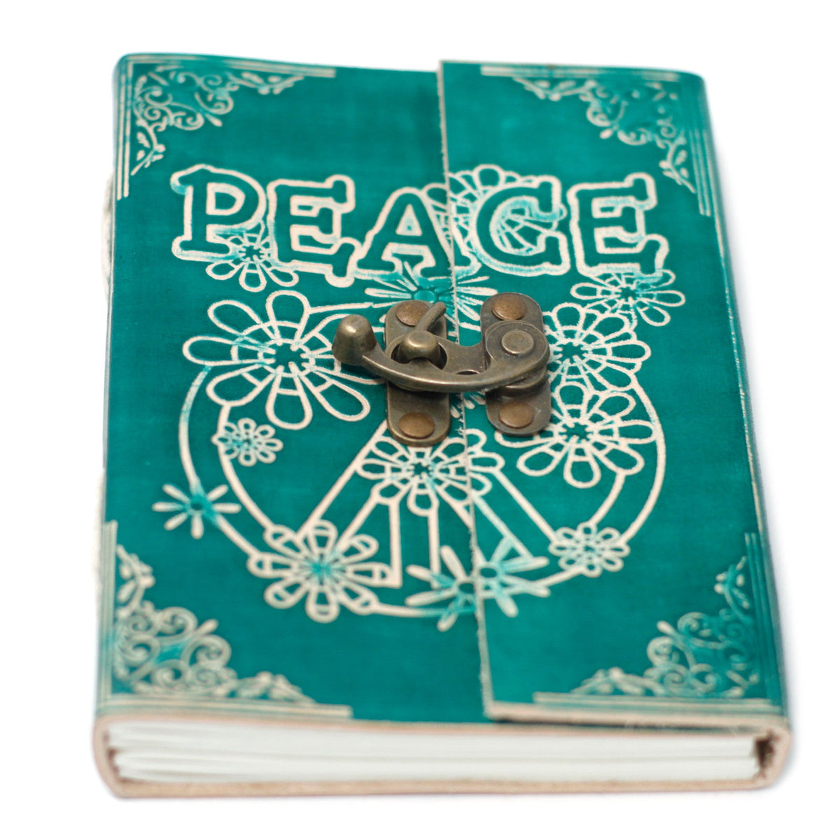 Leather-Bound Peace Notebook - Medium Green, Metal Clasp lying closed with white PEACE motif, visible pages and ornate clasp by Quintessential Holistic Health Ltd