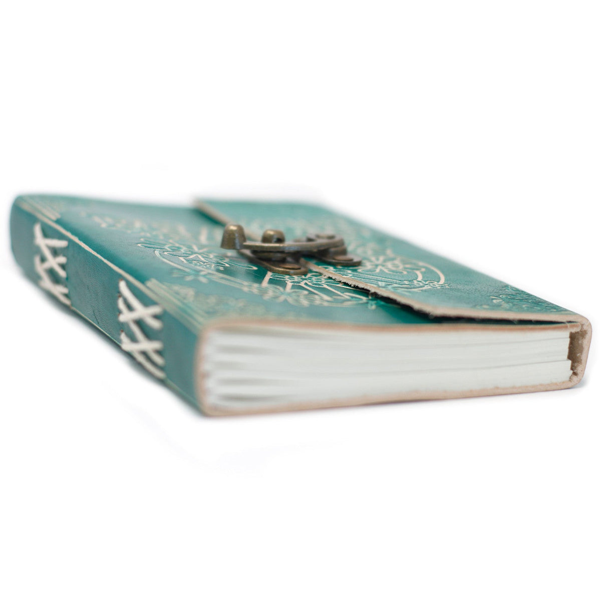 Leather-Bound Peace Notebook - Medium Green, Metal Clasp lying closed with layered cream page edges, white stitching and clasp by Quintessential Holistic Health Ltd