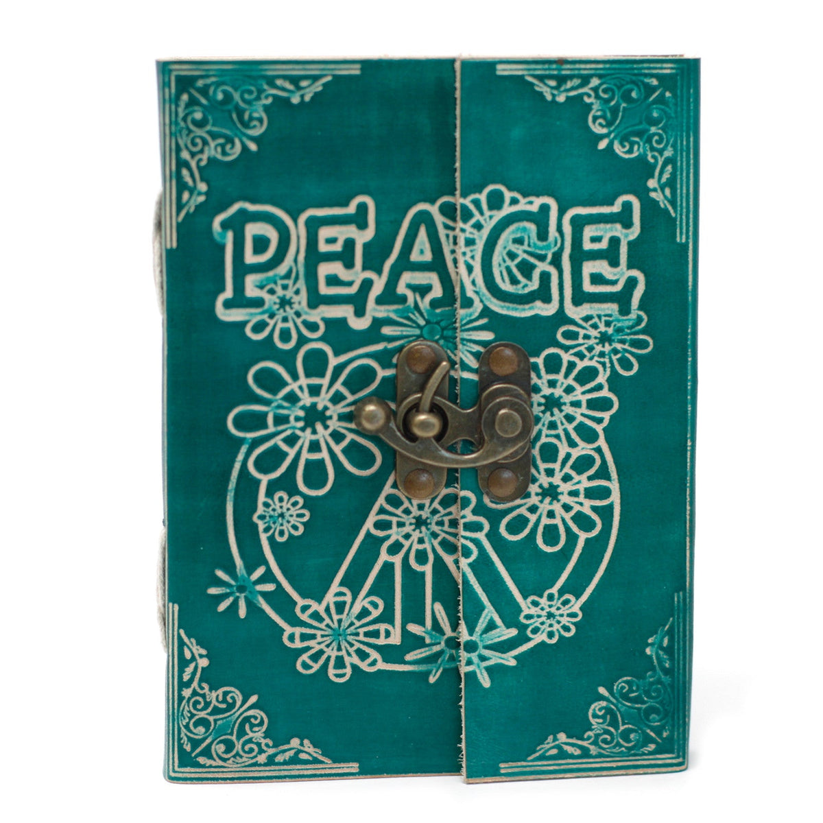 Leather-Bound Peace Notebook - Medium Green, Metal Clasp shown front-on with white PEACE lettering, floral design and clasp by Quintessential Holistic Health Ltd