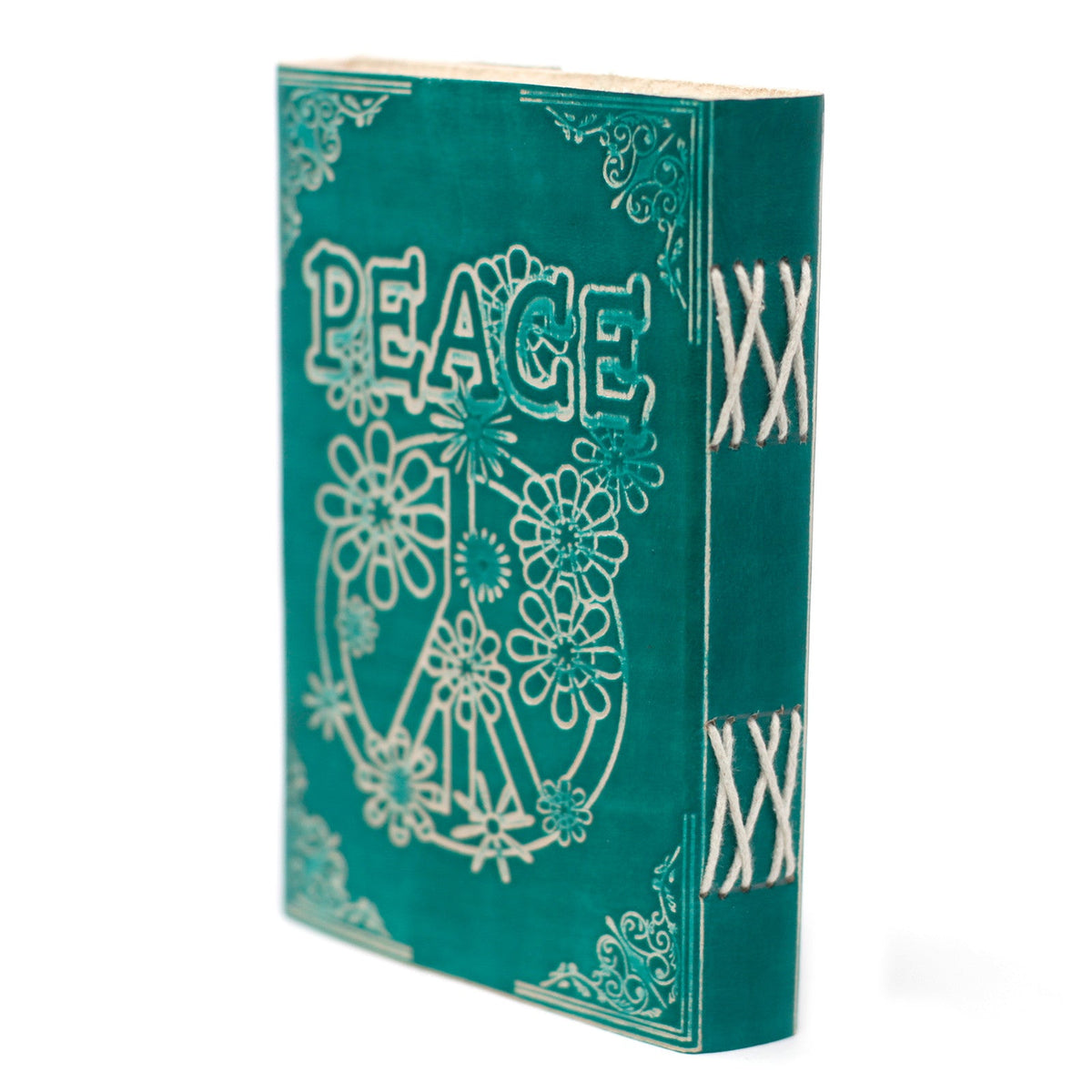 Leather-Bound Peace Notebook - Medium Green, Metal Clasp standing at an angle with white artwork and cross-stitch binding by Quintessential Holistic Health Ltd