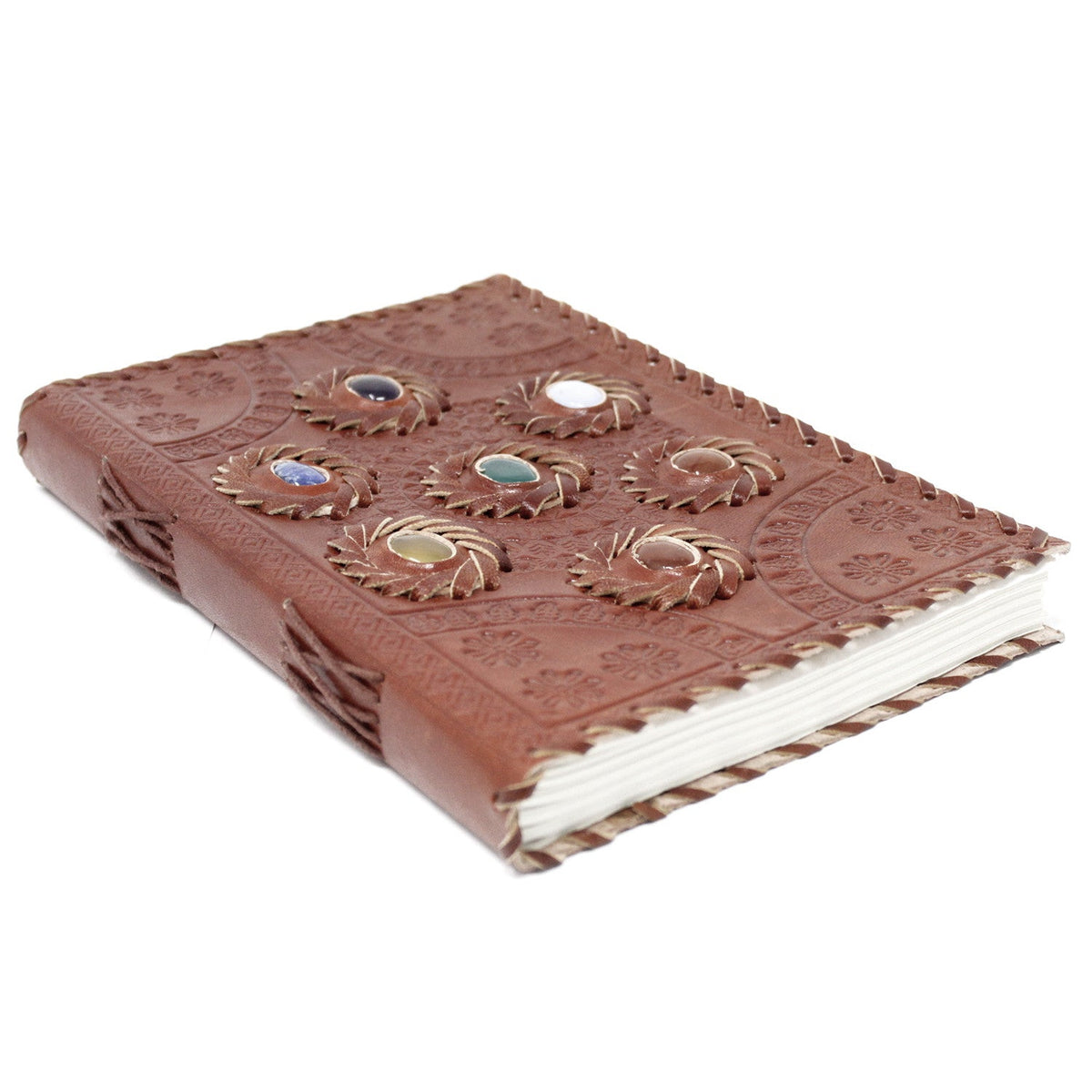 Leather-Bound Notebook - Large Brown, Seven Chakra Stones lying closed with raised stone settings and white page edges by Quintessential Holistic Health Ltd