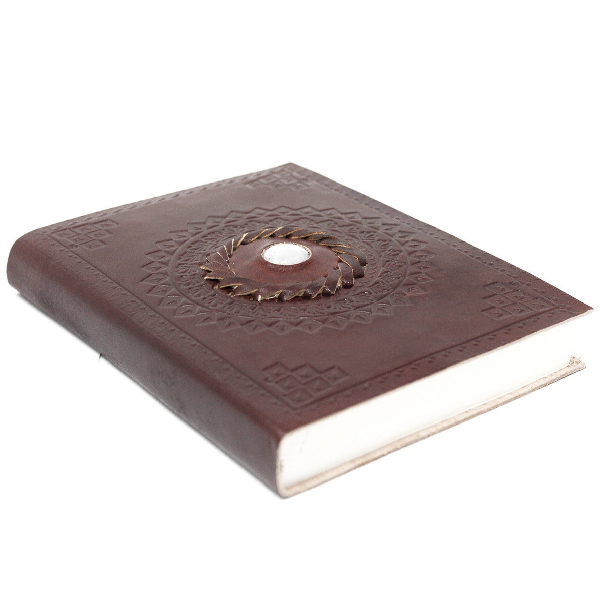 Leather-Bound Notebook - Medium Brown, Moonstone Gemstone, closed with embossed cover, cream page edges and pale round stone by Quintessential Holistic Health Ltd