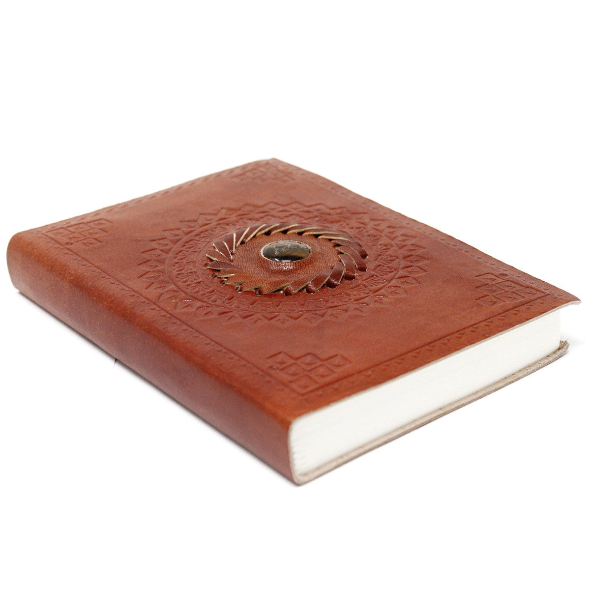Leather-Bound Notebook – Medium Brown Tiger's Eye Gemstone, closed flat with a central circular ornament and white page edges by Quintessential Holistic Health Ltd