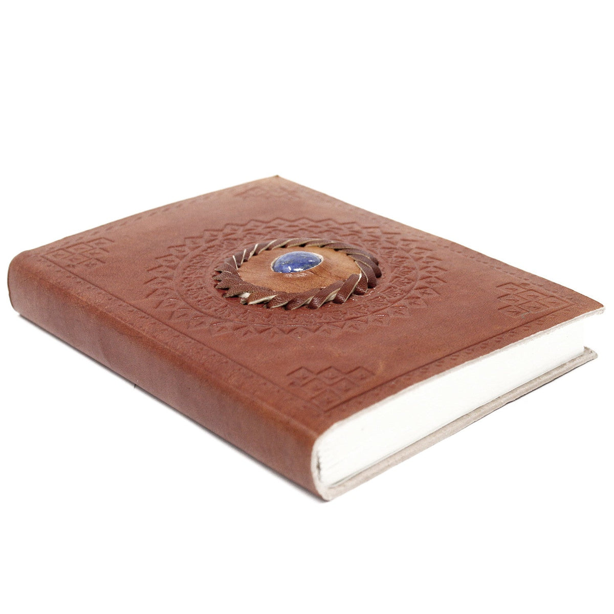 Leather-Bound Notebook - Medium Brown, Lapis Gemstone, closed with embossed cover, cream page edges and round blue stone by Quintessential Holistic Health Ltd
