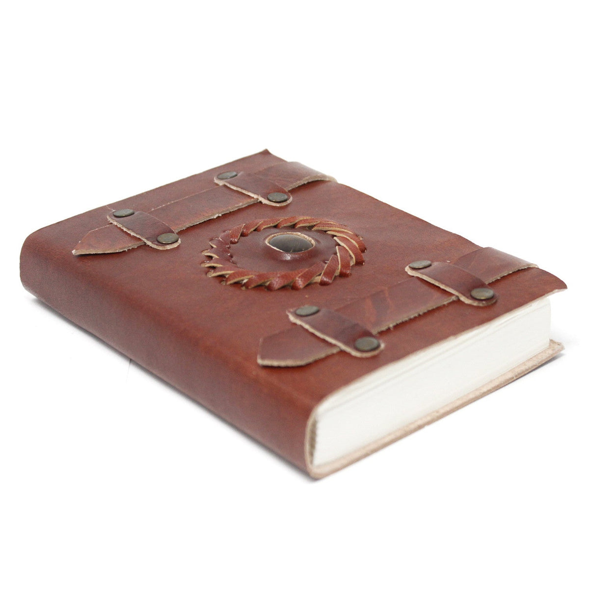 Leather Notebook with Belts – Small Brown Tiger's Eye, closed flat with decorative straps, circular ornament and white page edges by Quintessential Holistic Health Ltd
