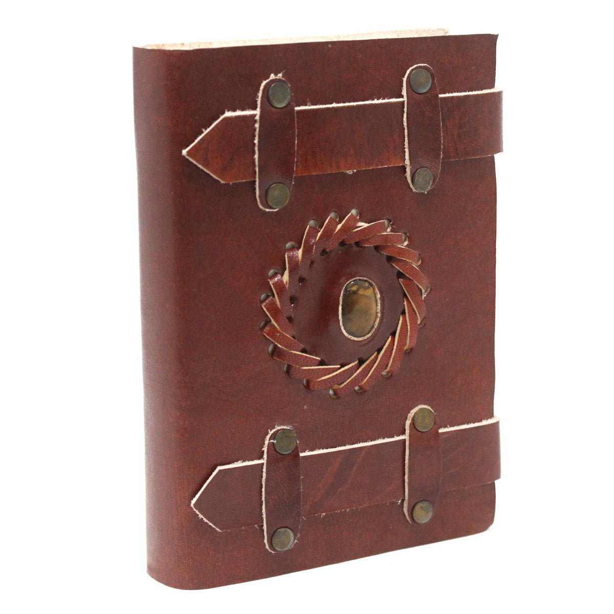 Leather Notebook with Belts – Small Brown Tiger's Eye, upright with four strap fittings and a central circular ornament by Quintessential Holistic Health Ltd
