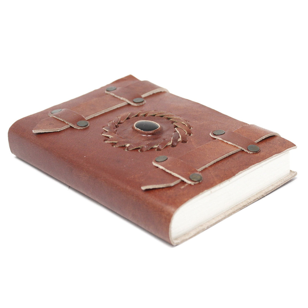 Leather-Bound Notebook with Belts - Small Brown, Black Onyx, lying flat with four strap tabs, central dark stone and white pages by Quintessential Holistic Health Ltd
