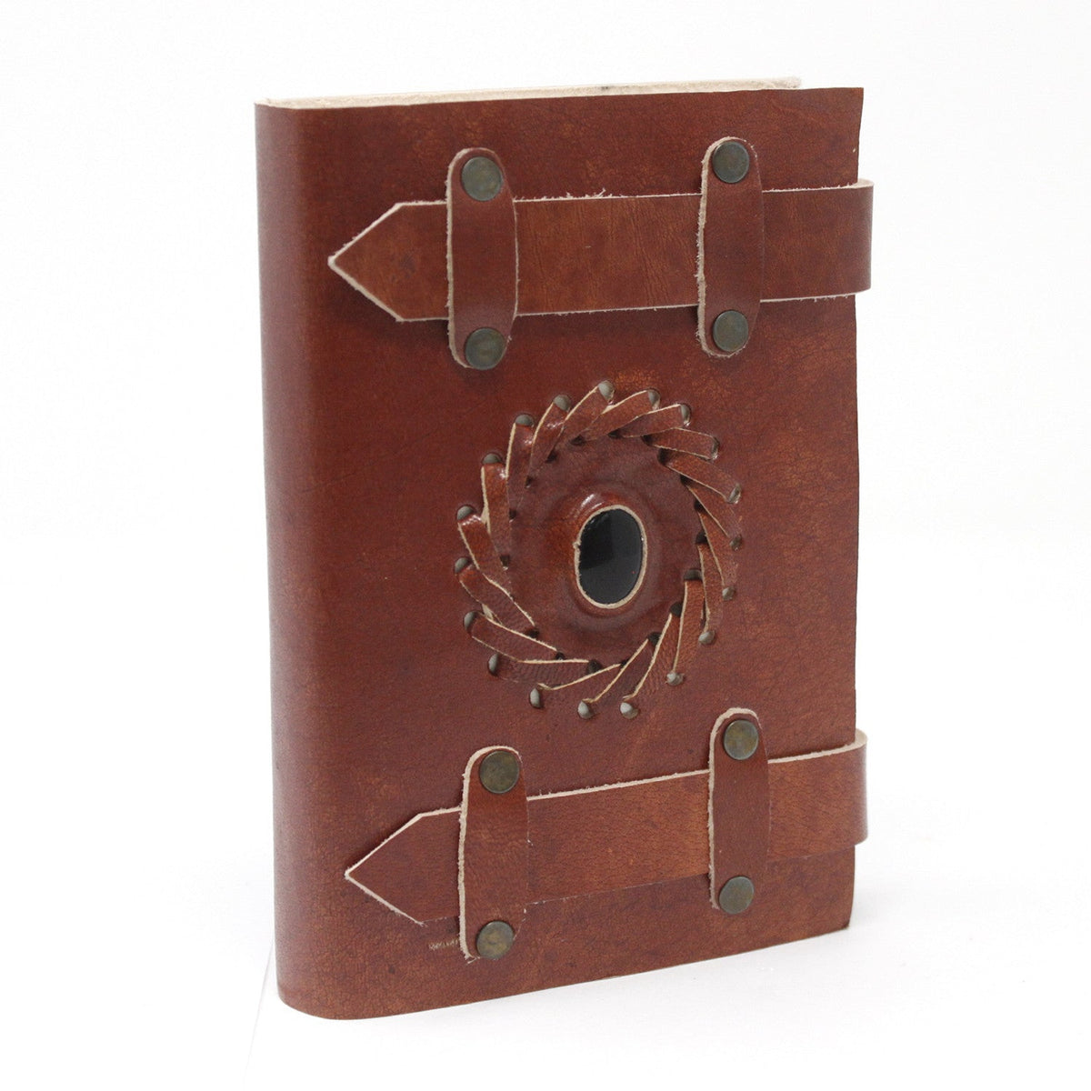 Leather-Bound Notebook with Belts - Small Brown, Black Onyx, upright with four strap tabs, stitched edging and a central dark stone by Quintessential Holistic Health Ltd