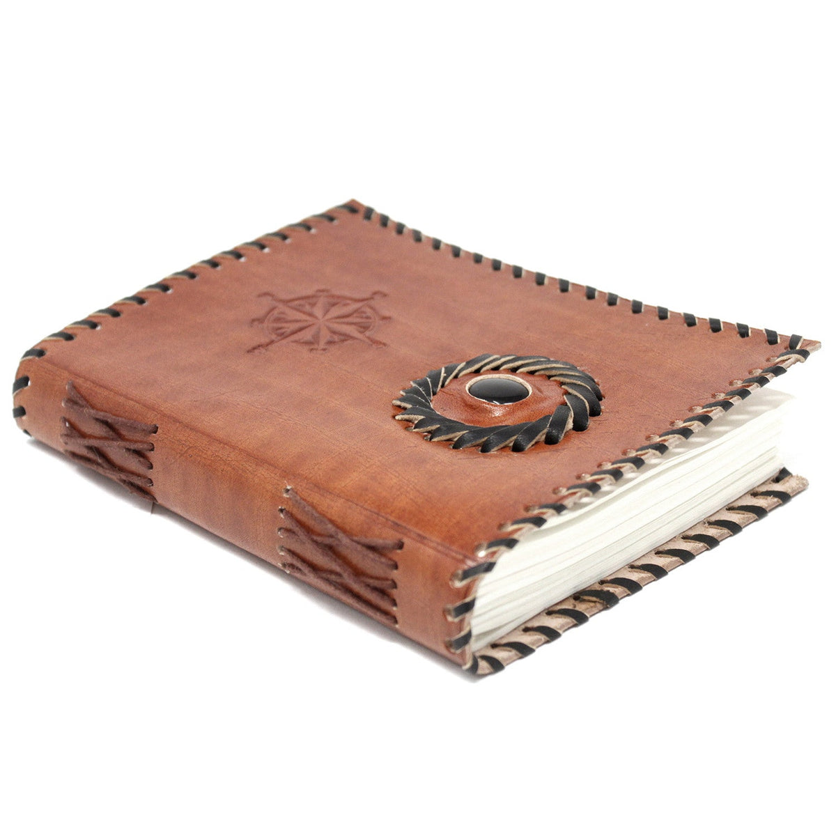 Leather-Bound Notebook - Medium Brown, Black Onyx & Compass, lying flat with a compass motif, dark stone and exposed spine binding by Quintessential Holistic Health Ltd