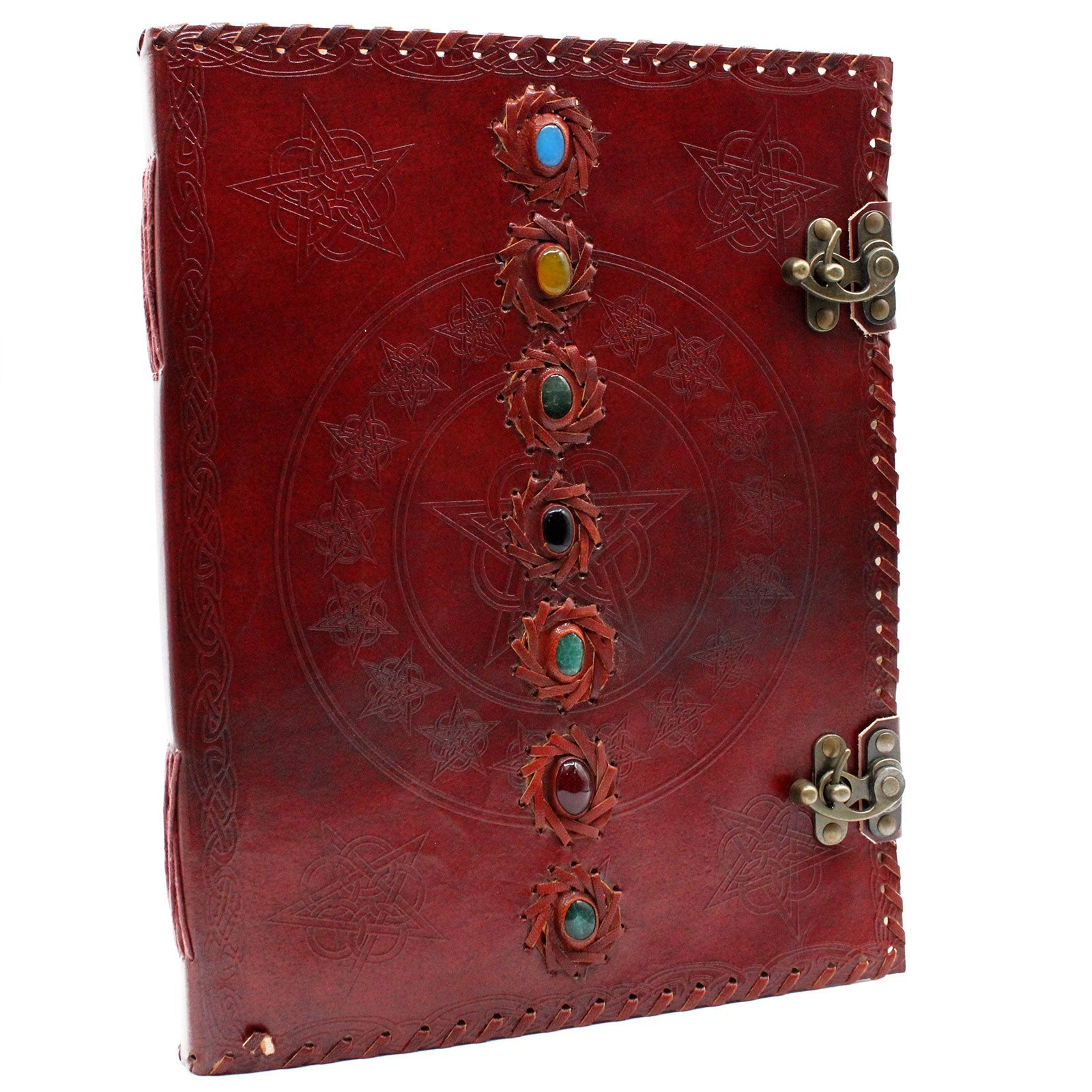 Handmade Leather-Bound Eco-Friendly Journal with Metal Clasp - Extra Large / Burgundy / Seven Chakra product packaging on clean background from Quintessential Holistic Health Ltd