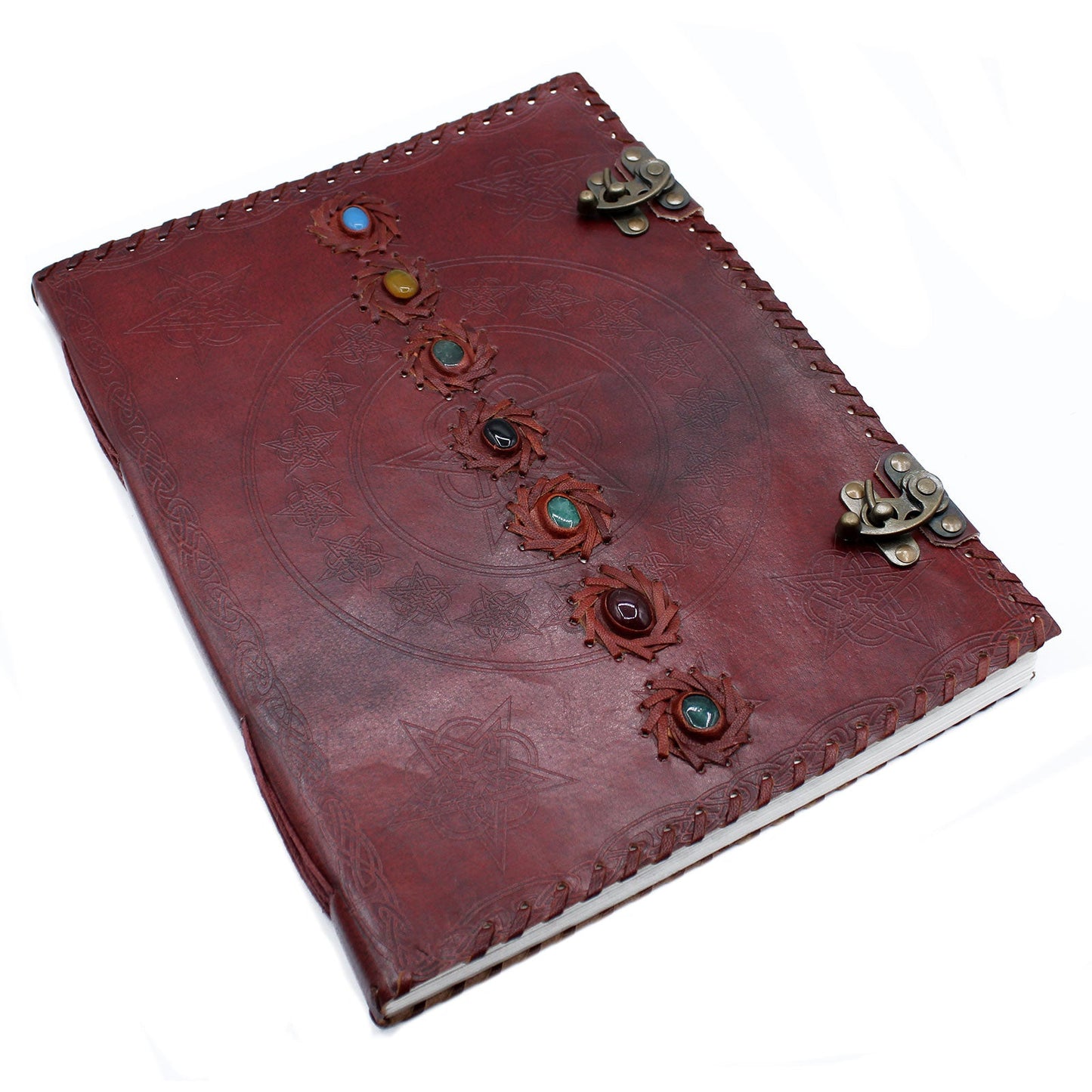 Handmade Leather-Bound Eco-Friendly Journal with Metal Clasp - Extra Large / Burgundy / Seven Chakra product packaging on clean background from Quintessential Holistic Health Ltd