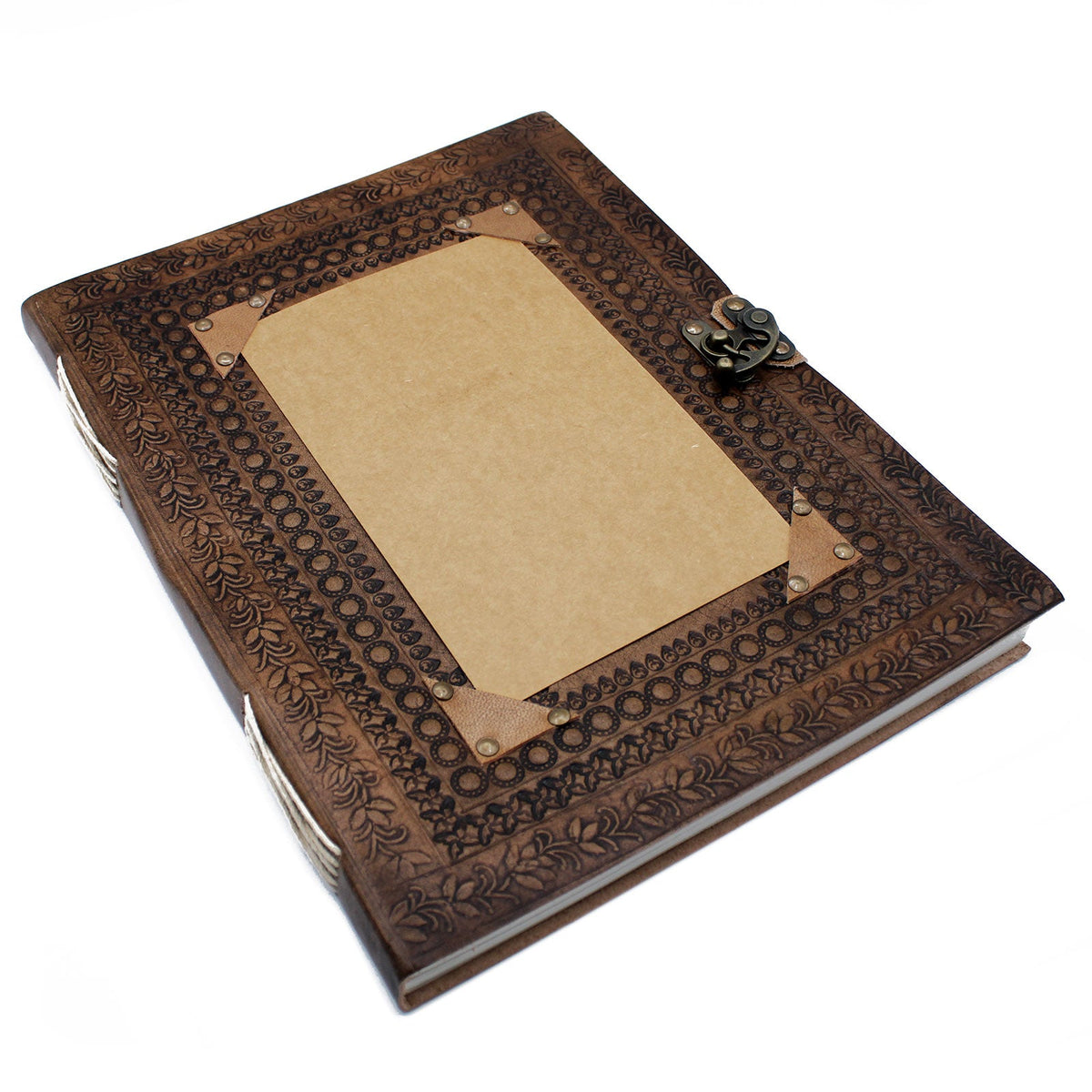 Customisable XL Brown Leather Visitor Book - 200 Pages, Metal Clasp with a pale central panel and dark embossed border by Quintessential Holistic Health Ltd