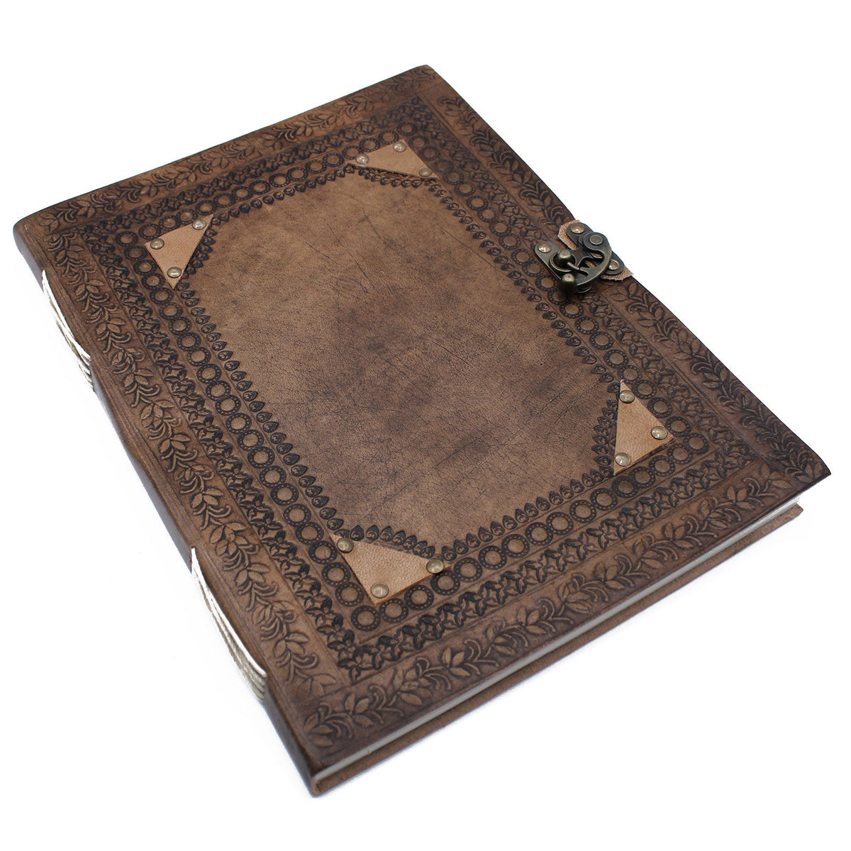 Customisable XL Brown Leather Visitor Book - 200 Pages, Metal Clasp with a distressed central panel and corner details by Quintessential Holistic Health Ltd