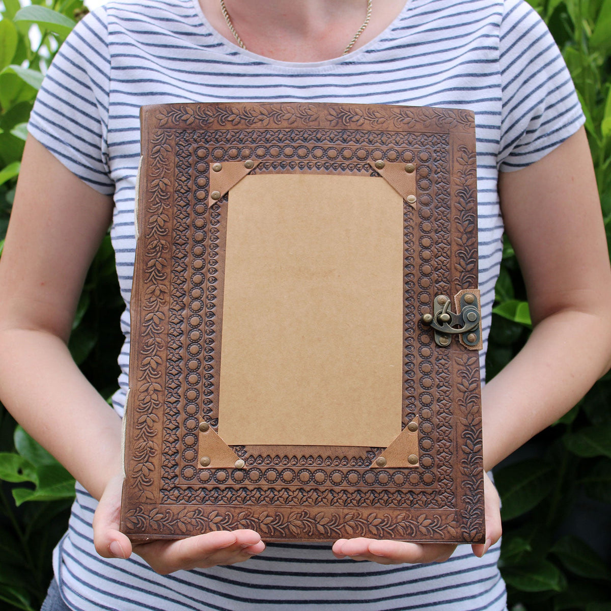 Customisable XL Brown Leather Visitor Book - 200 Pages, Metal Clasp held upright with a plain central panel by Quintessential Holistic Health Ltd