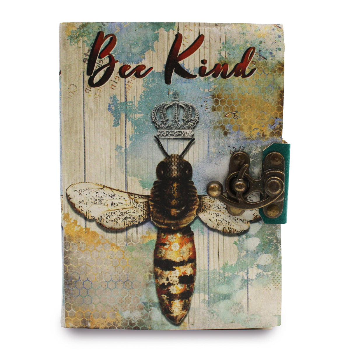 Leather-Bound Deckle-Edged Journal - Medium Bee Kind, Metal Clasp, closed illustrated cover with a bee, lettering and metal clasp by Quintessential Holistic Health Ltd