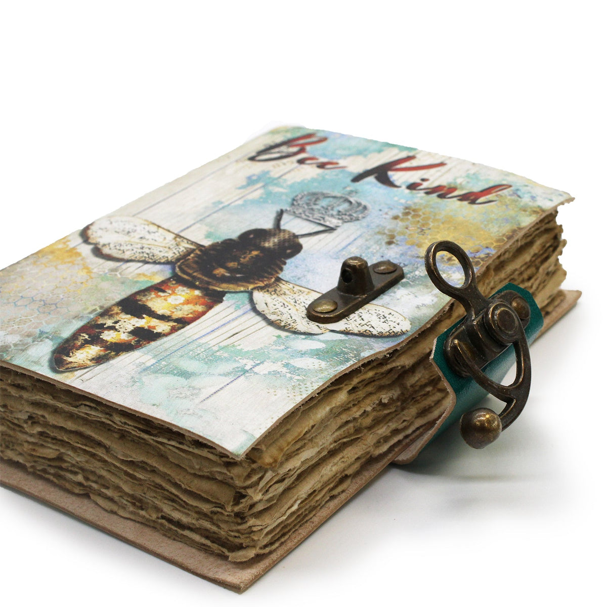 Leather-Bound Deckle-Edged Journal - Medium Bee Kind, Metal Clasp, closed bee cover with clasp and thick uneven page edges by Quintessential Holistic Health Ltd