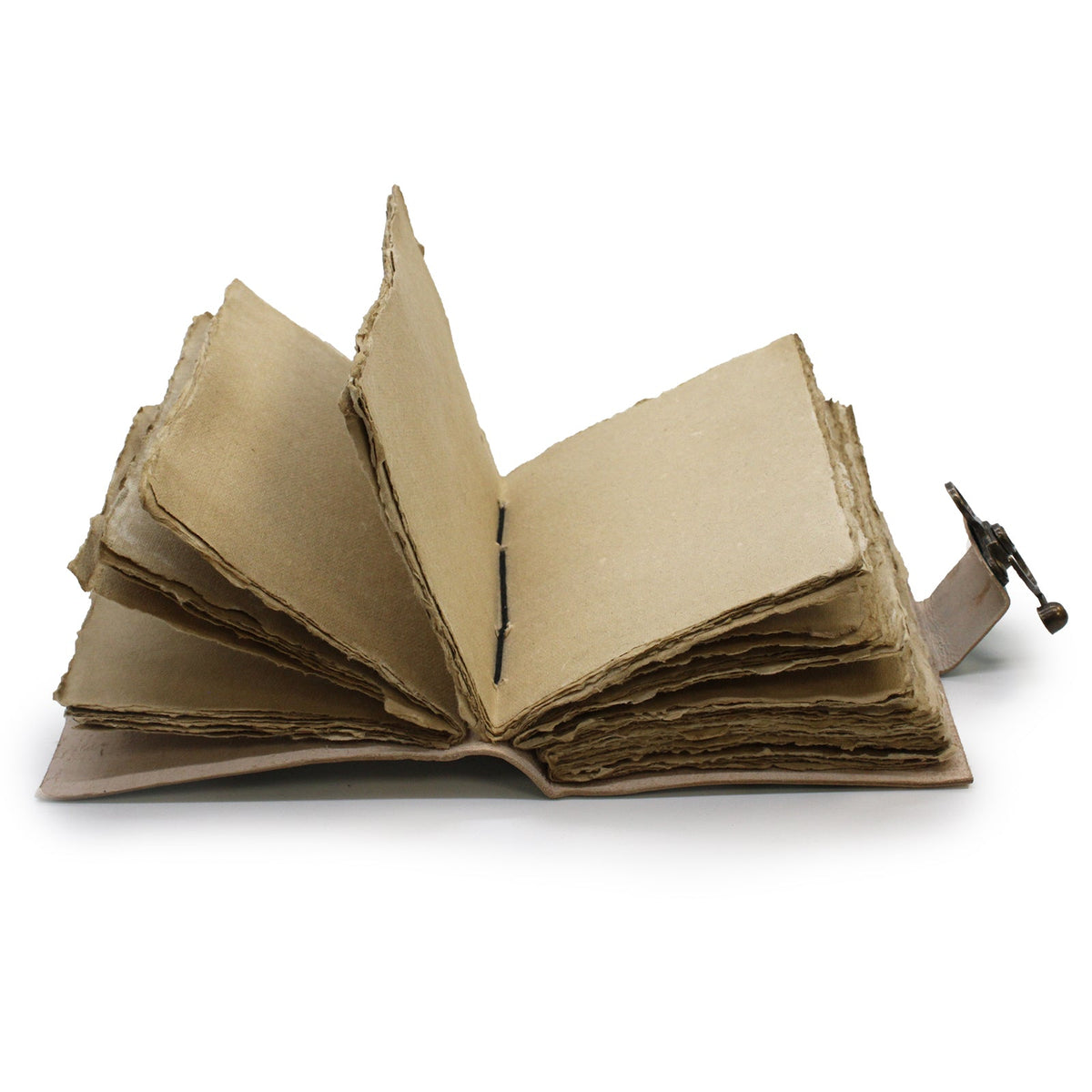 Leather-Bound Deckle-Edged Journal - Medium Bee Kind, Metal Clasp, open journal with fanned uneven brown pages by Quintessential Holistic Health Ltd