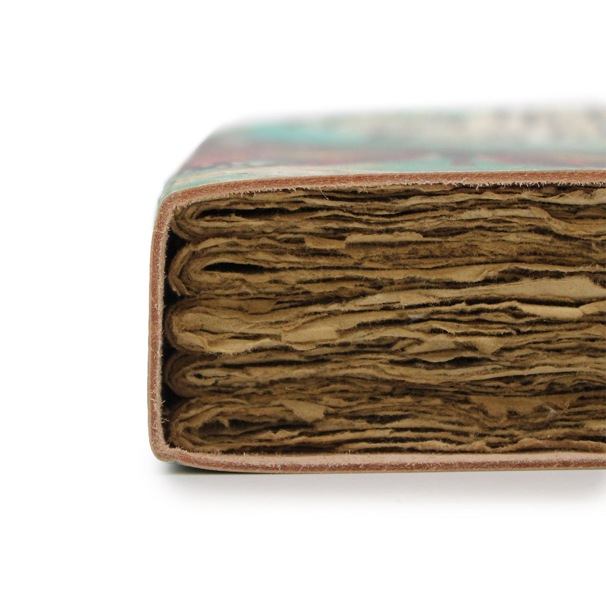 Leather-Bound Deckle-Edged Journal - Medium Bee Kind, Metal Clasp, close view of thick uneven brown page edges and cover by Quintessential Holistic Health Ltd
