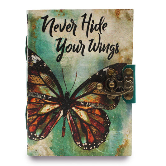 Handmade Leather-Bound Eco-Friendly Deckle Edged Journal with Metal Clasp - Medium - Never Hide Your Wings - main product image from Quintessential Holistic Health Ltd UK