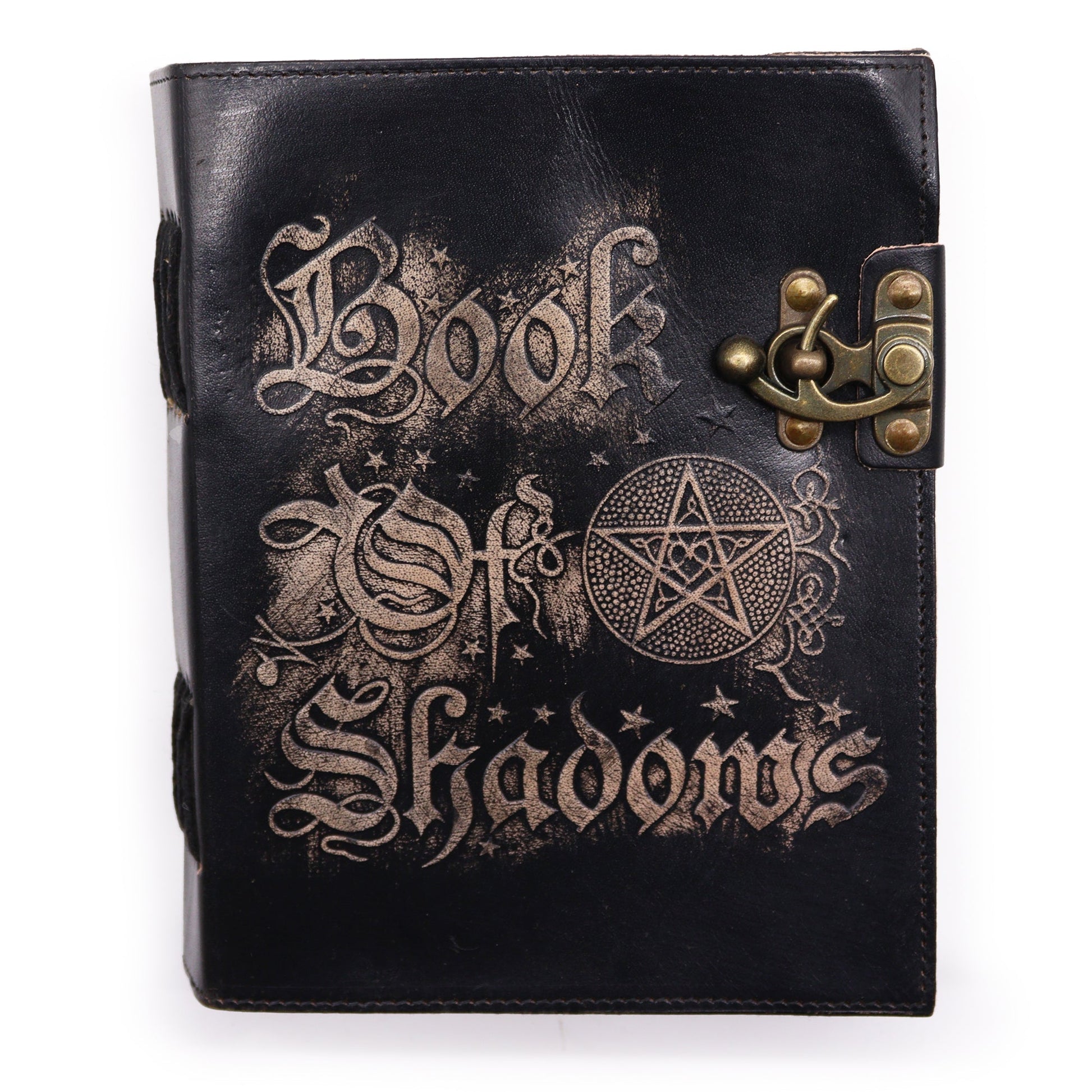 Handmade Leather-Bound Eco-Friendly Deckle Edged Notebook with Metal Clasp - Large / Black / Book of Shadows product packaging on clean background from Quintessential Holistic Health Ltd