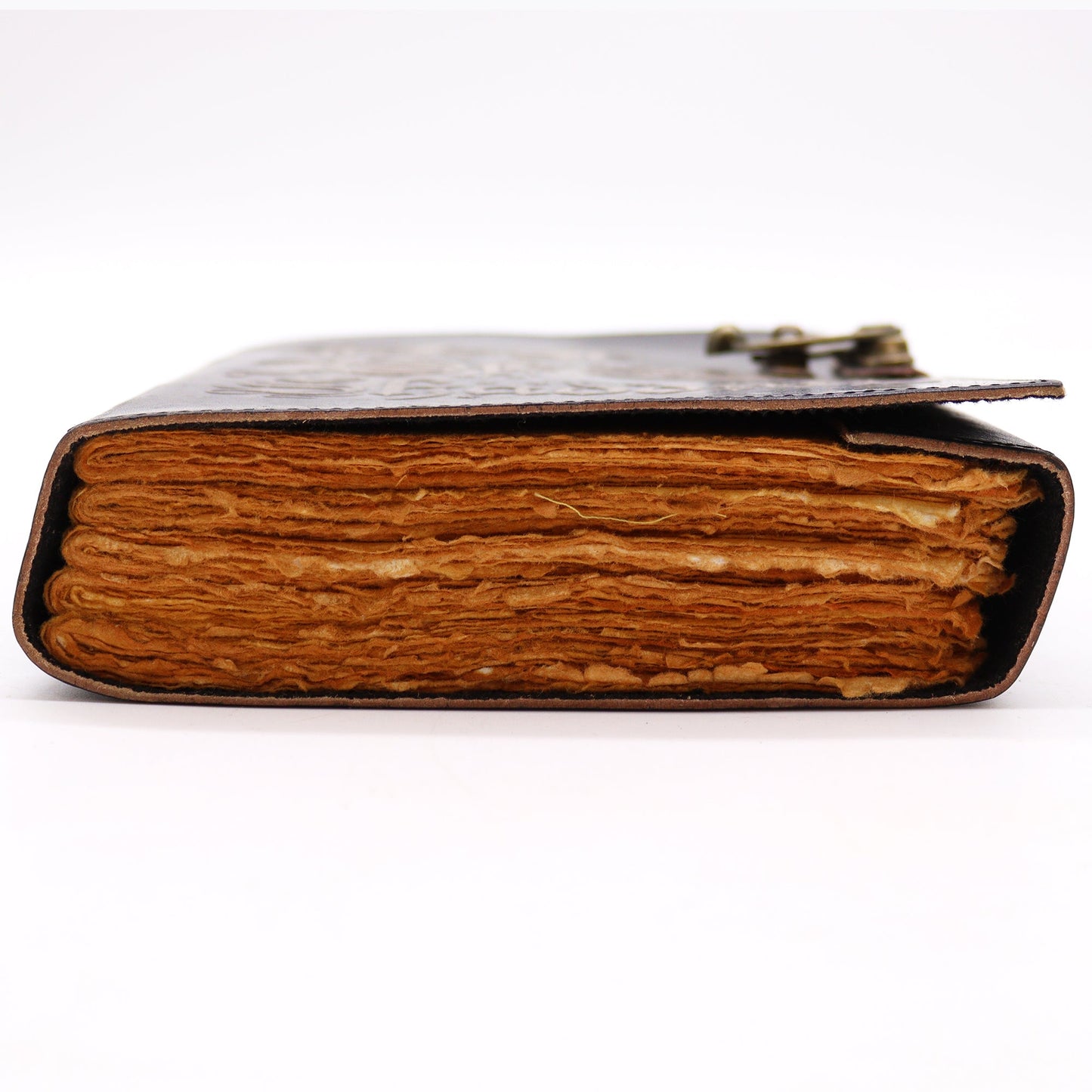 Handmade Leather-Bound Eco-Friendly Deckle Edged Notebook with Metal Clasp - Large / Black / Book of Shadows product packaging on clean background from Quintessential Holistic Health Ltd