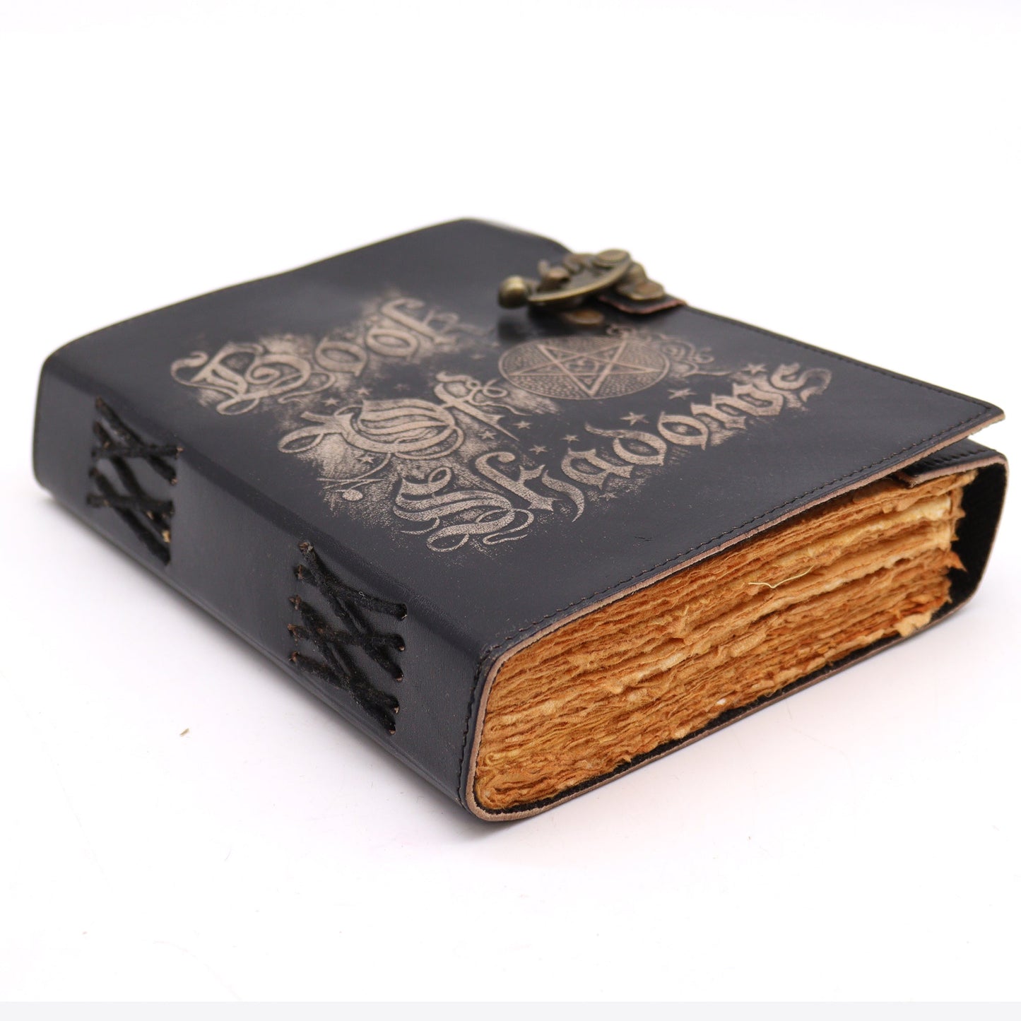 Handmade Leather-Bound Eco-Friendly Deckle Edged Notebook with Metal Clasp - Large / Black / Book of Shadows product packaging on clean background from Quintessential Holistic Health Ltd