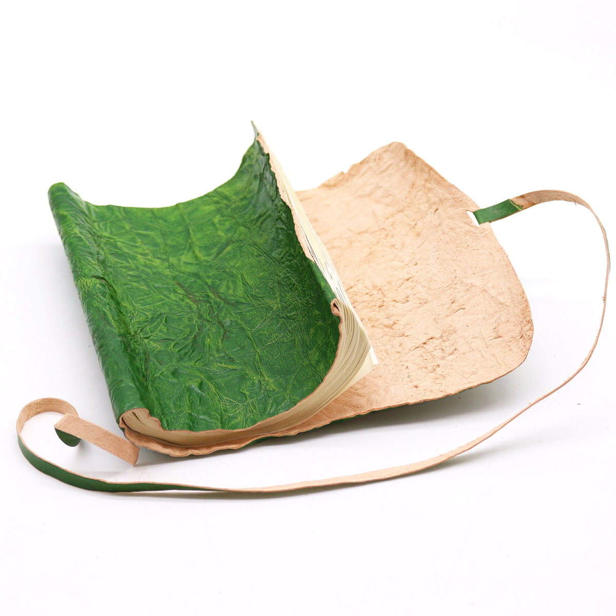 Handmade Rolled Leather Travel Notebook with Strap - Green, open with a vivid green textured inner cover and pale outer cover by Quintessential Holistic Health Ltd