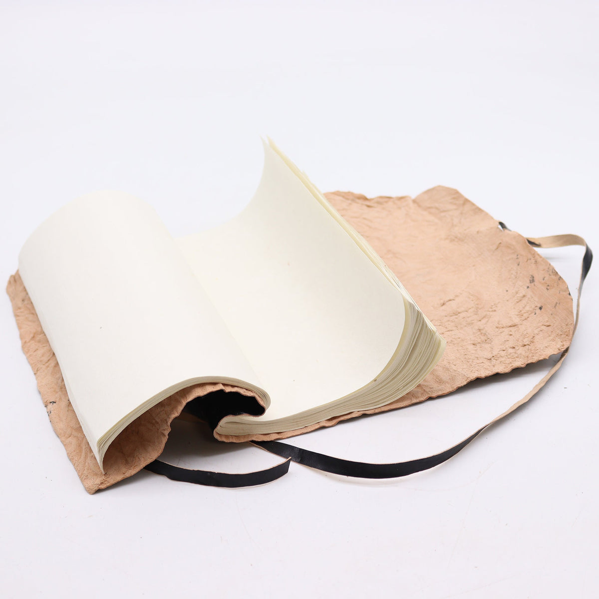Handmade Rolled Leather Travel Notebook with Strap - Black, open to blank cream pages with a pale textured cover by Quintessential Holistic Health Ltd