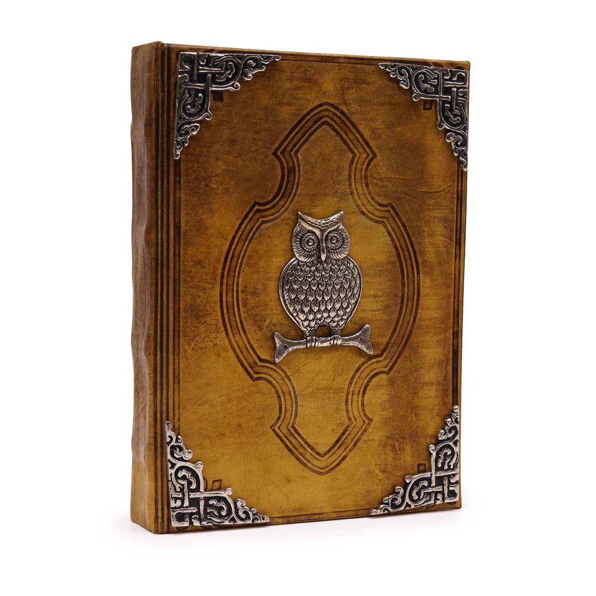 Extra-Large Tan Leather Deckle-Edged Journal - Zinc Owl, standing upright with central owl emblem and ornate corners by Quintessential Holistic Health Ltd