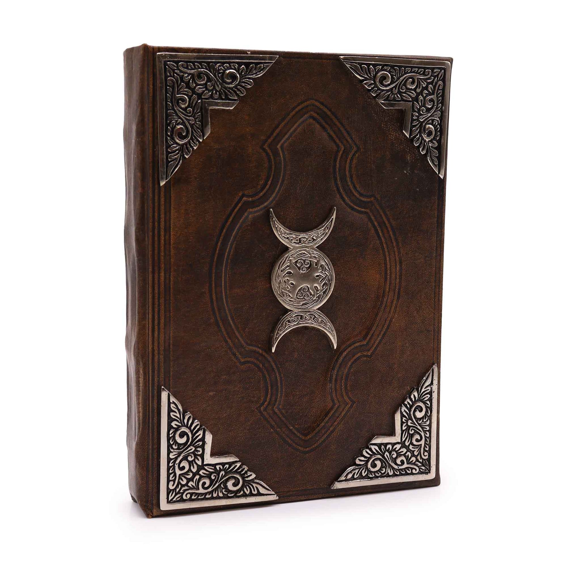 Extra-Large Brown Leather Deckle-Edged Journal - Zinc Triple Moon with a silver-tone moon emblem and ornate metal corners by Quintessential Holistic Health Ltd
