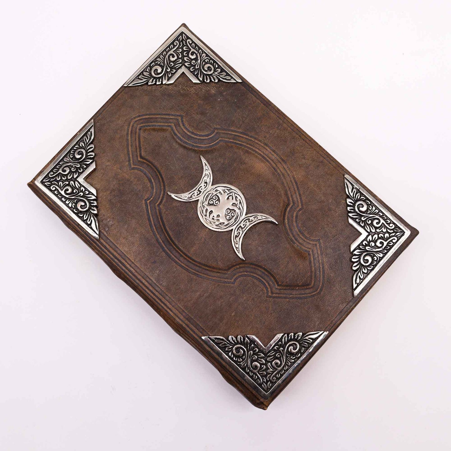 Handmade Leather-Bound - Extra Large - Brown - Zinc Triple Moon with embossed cover border and four decorated corners by Quintessential Holistic Health Ltd