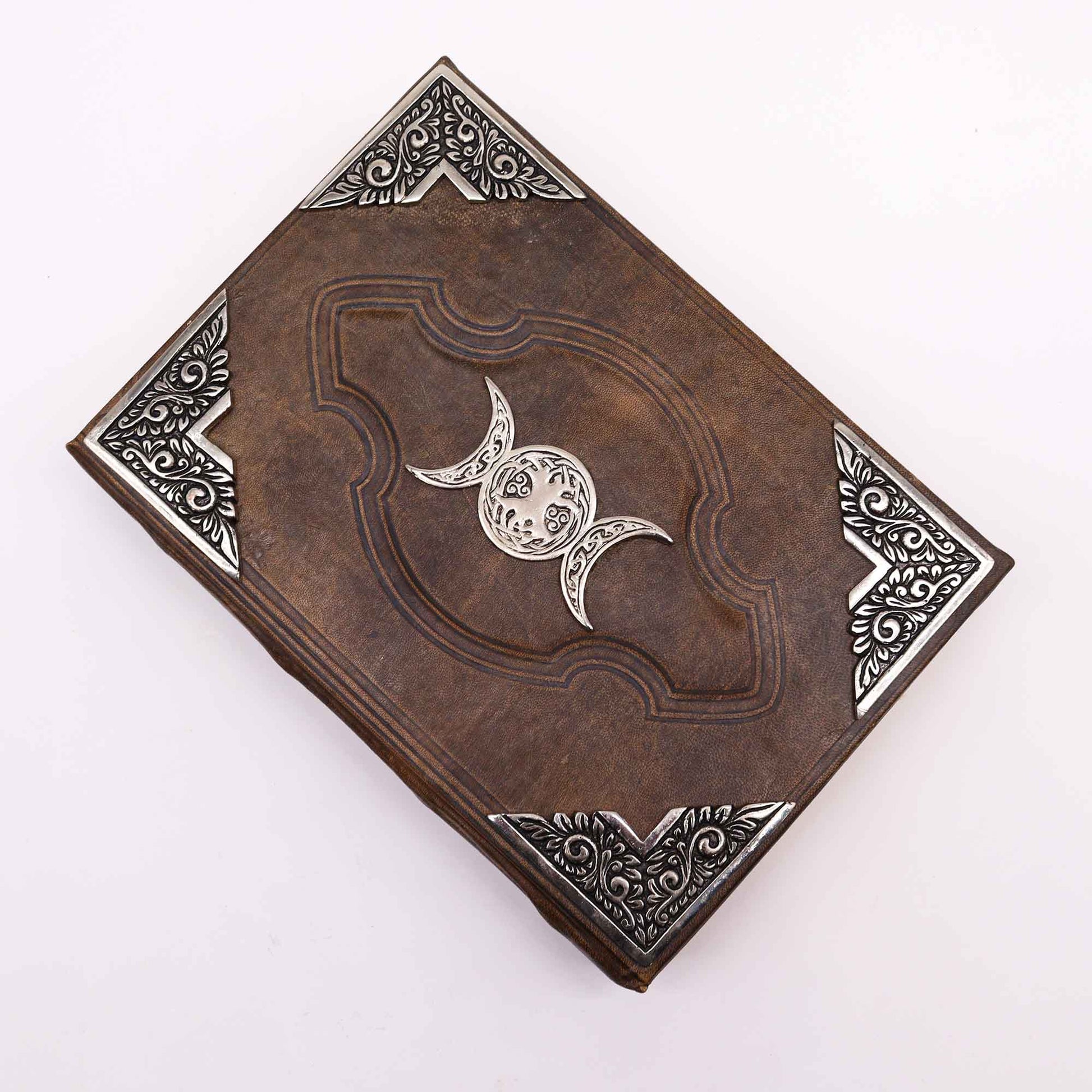Handmade Leather-Bound - Extra Large - Brown - Zinc Triple Moon with embossed cover border and four decorated corners by Quintessential Holistic Health Ltd