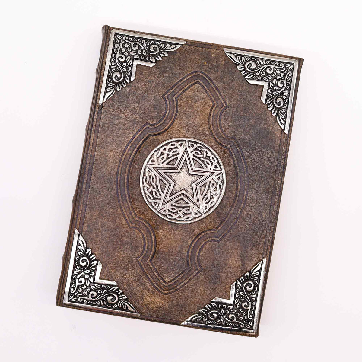 Extra-Large Brown Leather Deckle-Edged Notebook - Zinc Pentagon with embossed border lines, ornate corners and a silver-tone star centrepiece by Quintessential Holistic Health Ltd